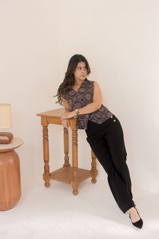 Ajrakh satin waistcoat with black pants with gold buttons-esseneur
