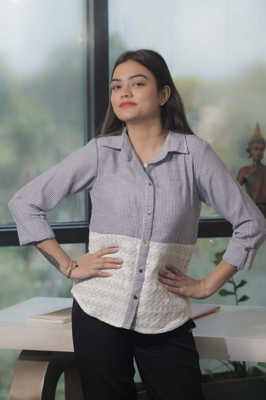 Light blue stripe shirt with crotia fabric-Esseneur
