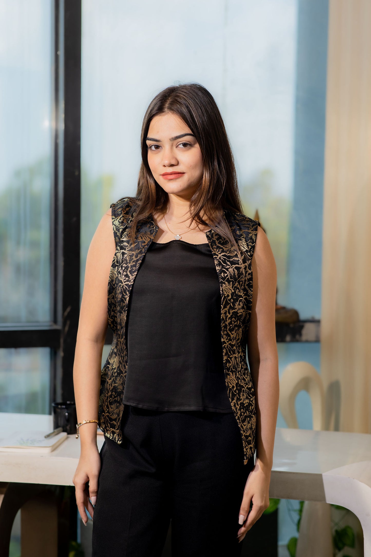 Coord set with black brocade jacket and inner and black pants-Esseneur
