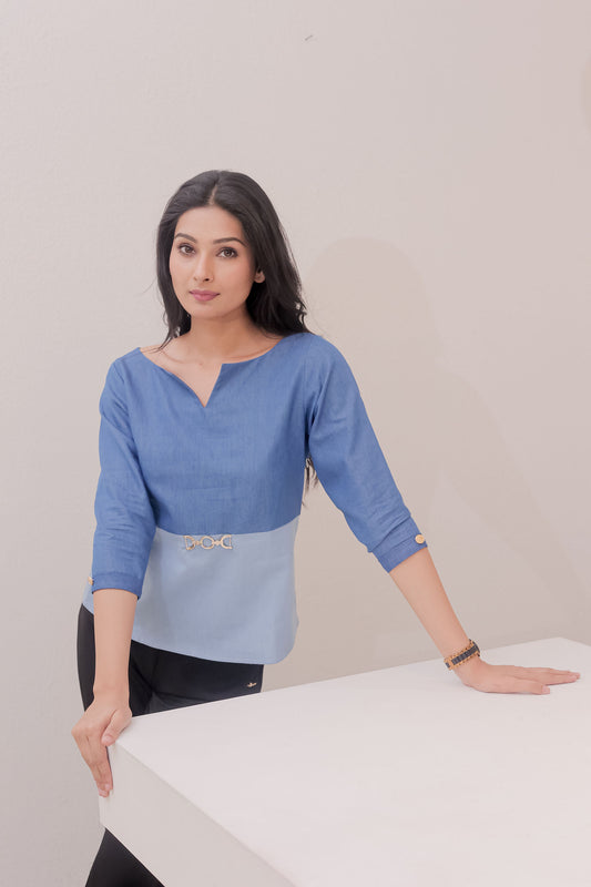 Two colour Light blue and dark blue denim full sleeves top with gold applique - esseneur.