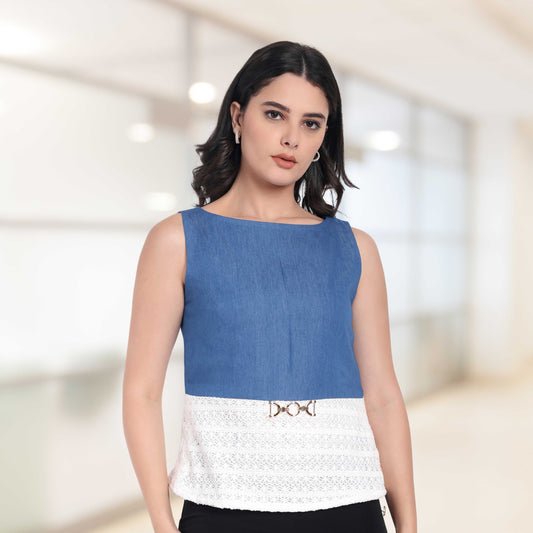 Blue denim and white crotia sleeveless top with gold buckle EWTP0032-BLUTC