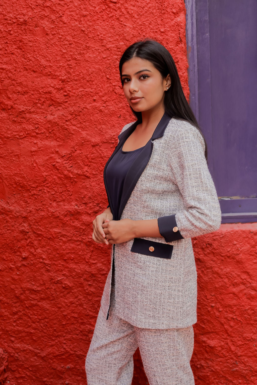 White & Grey Tweed fabric coat with blue satin detailing and gold buttons EWCT0008-WHTGB