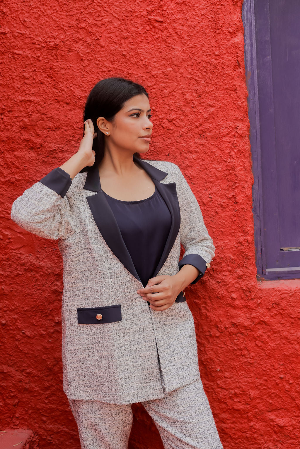 White & Grey Tweed fabric coat with blue satin detailing and gold buttons EWCT0008-WHTGB