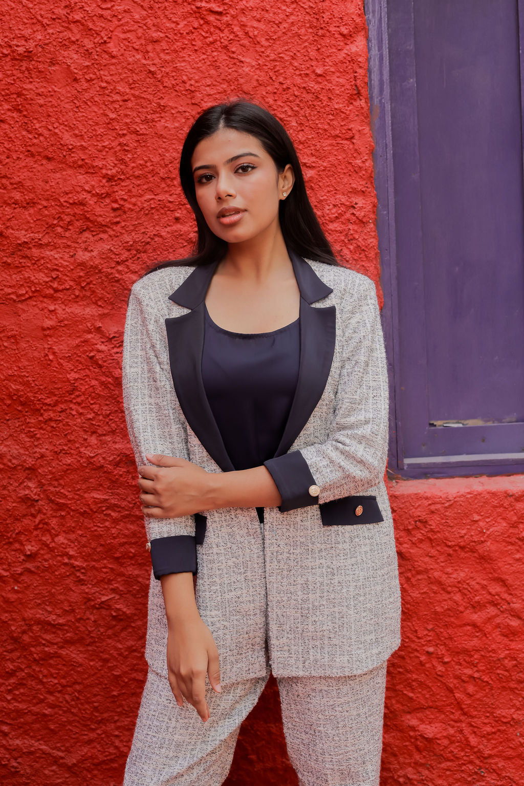 White & Grey Tweed fabric coat with blue satin detailing and gold buttons EWCT0008-WHTGB