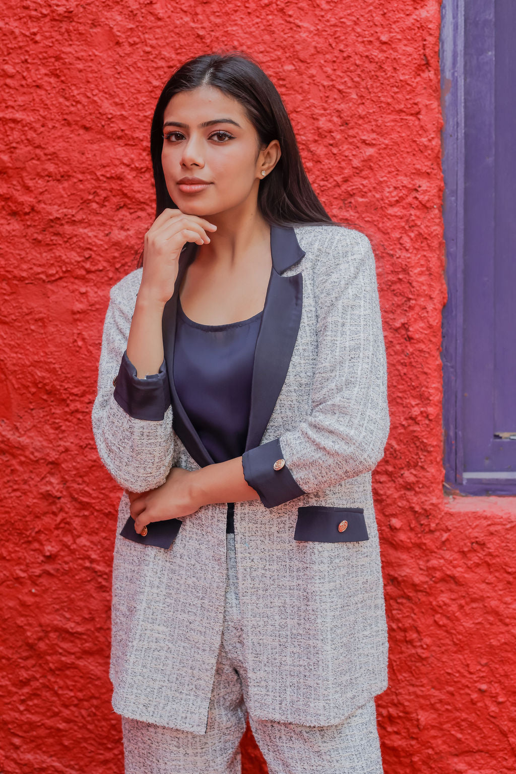 White & Grey Tweed fabric coat with blue satin detailing and gold buttons EWCT0008-WHTGB