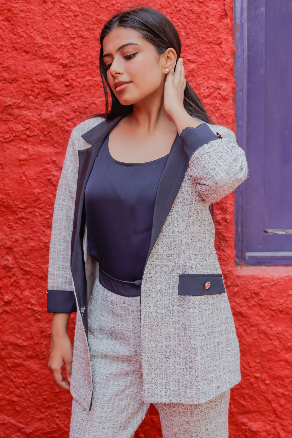 White & Grey Tweed fabric coat & Pants Co ord set  with blue satin detailing and gold buttons EWCO0033-WHTPT