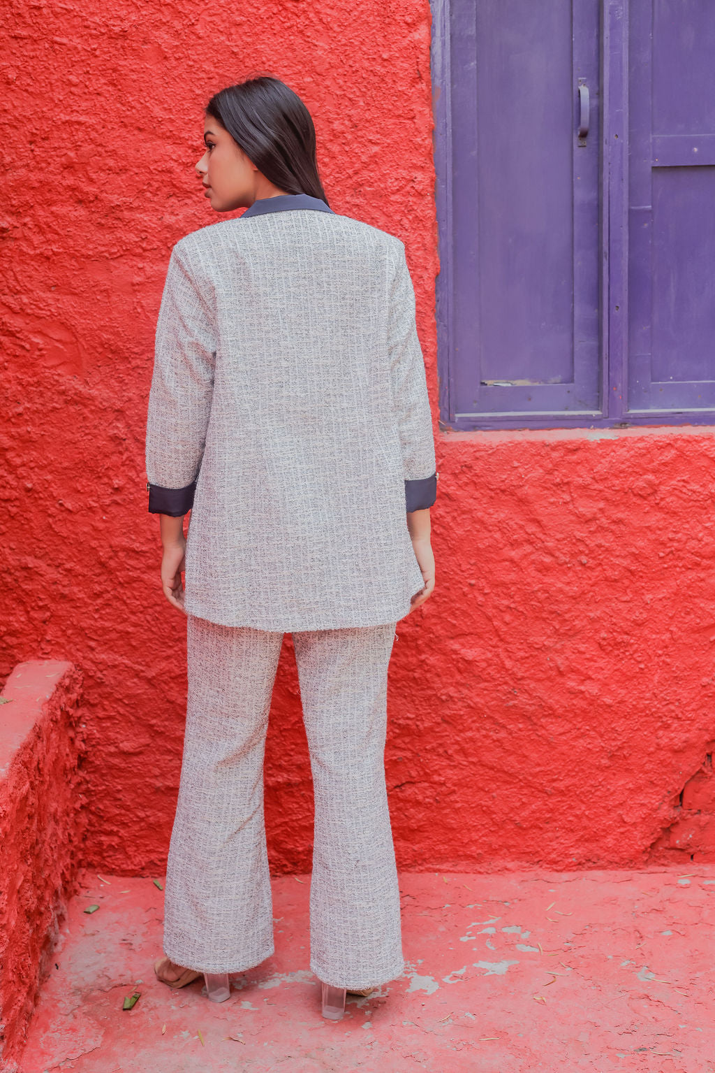 White & Grey Tweed fabric coat & Pants Co ord set  with blue satin detailing and gold buttons EWCO0033-WHTPT