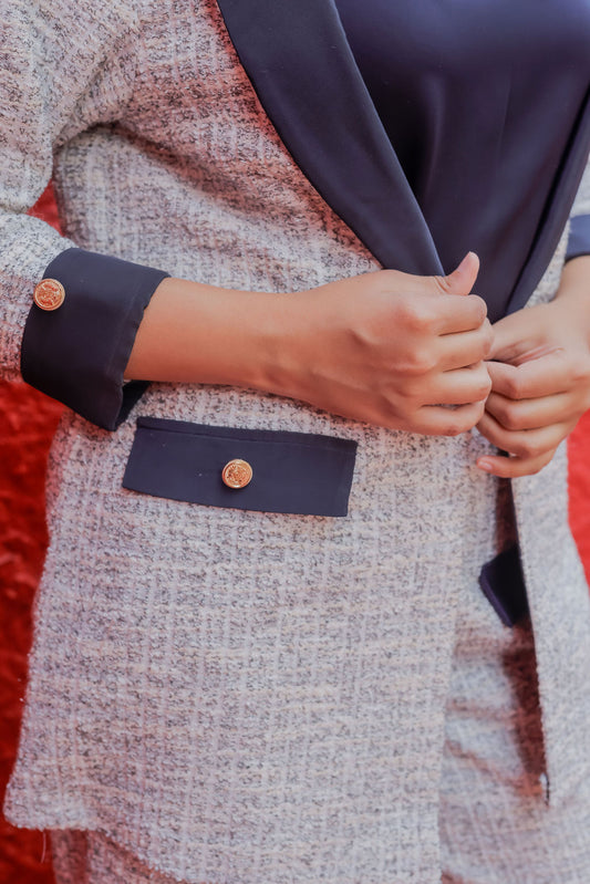 White & Grey Tweed fabric coat with blue satin detailing and gold buttons EWCT0008-WHTGB