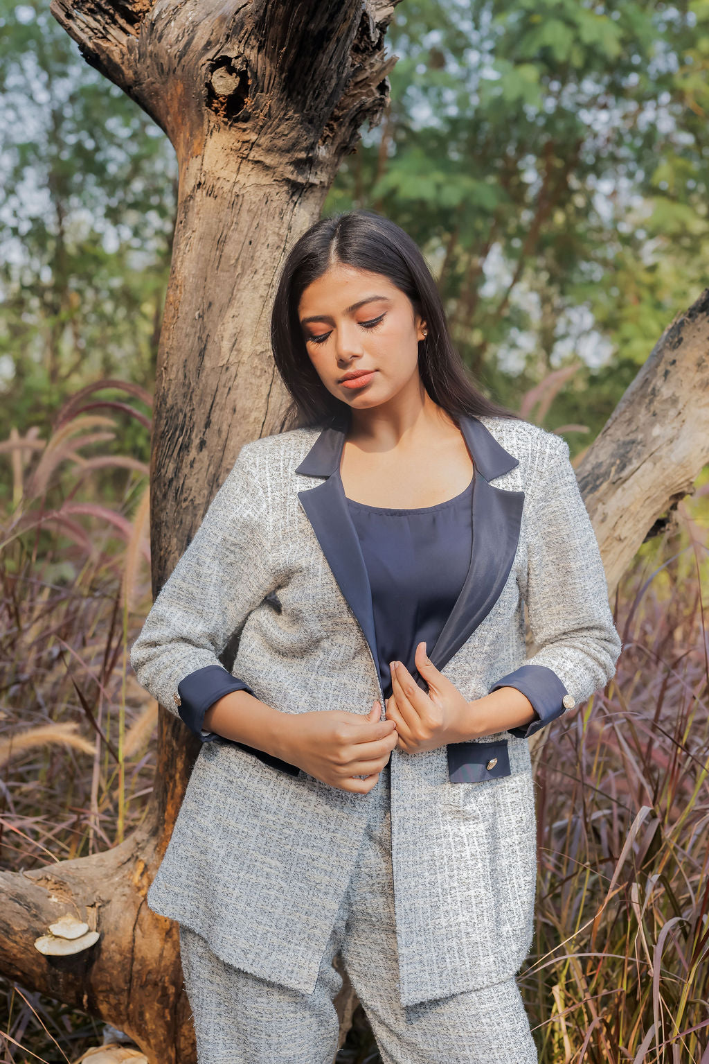 White & Grey Tweed fabric coat with blue satin detailing and gold buttons EWCT0008-WHTGB