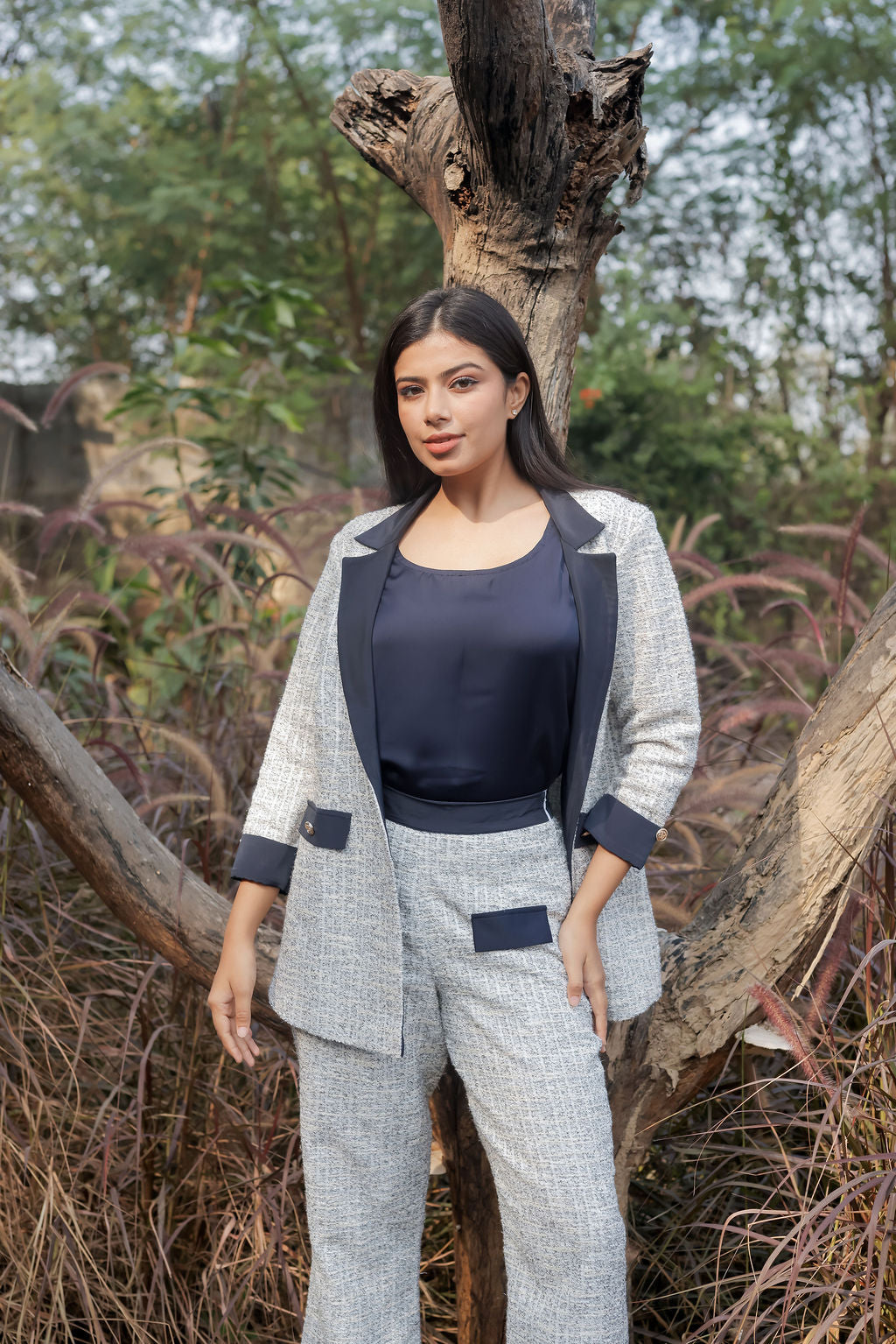 White & Grey Tweed fabric coat with blue satin detailing and gold buttons EWCT0008-WHTGB