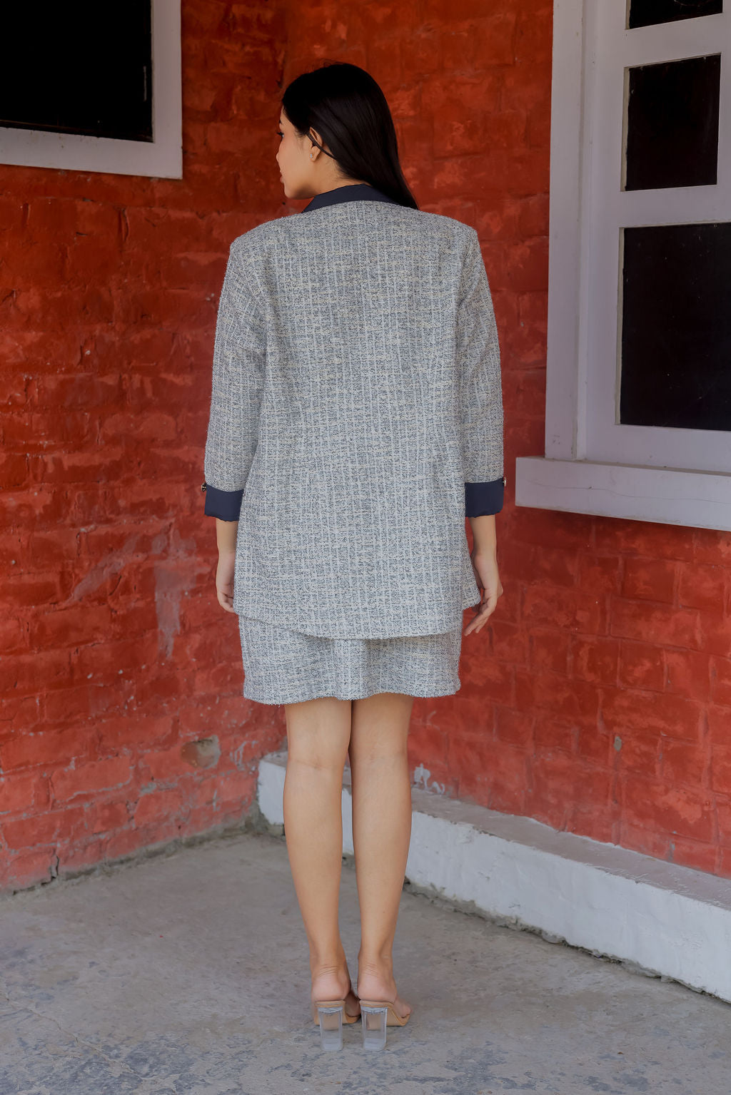 White & Grey Tweed fabric coat with blue satin detailing and gold buttons EWCT0008-WHTGB
