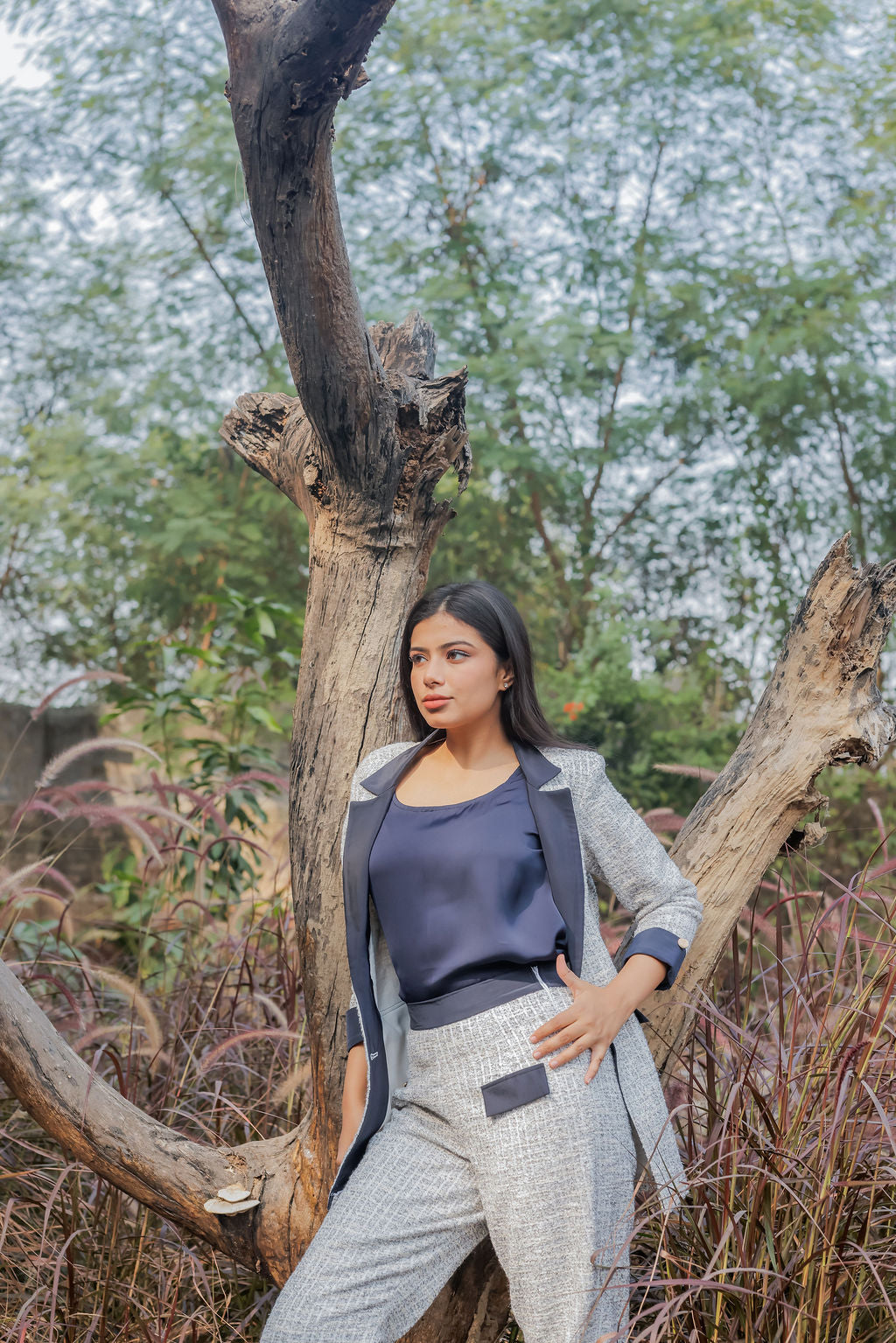 White & Grey Tweed pants with gold buttons detailing ESWPA0025-WHTGB