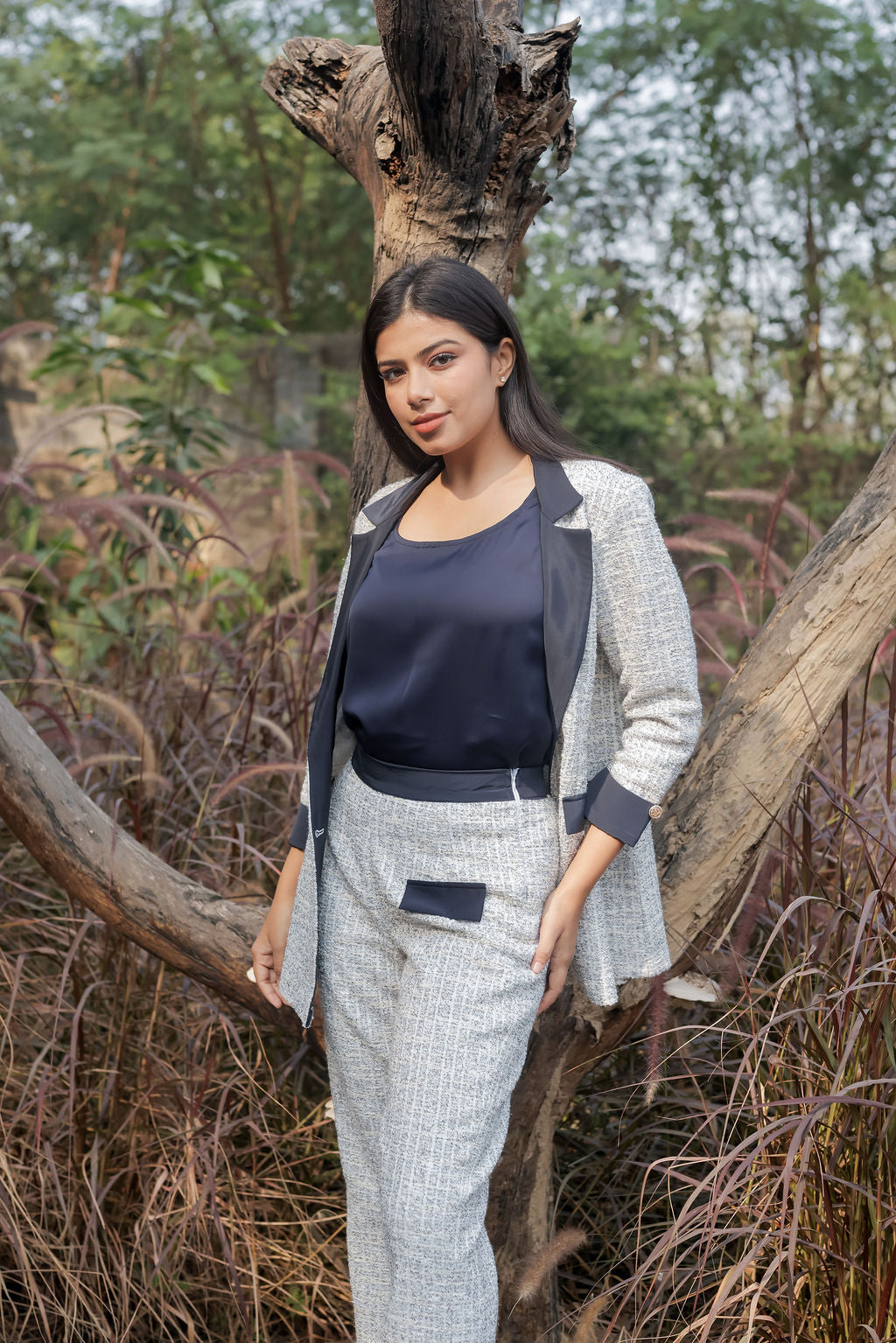 White & Grey Tweed pants with gold buttons detailing ESWPA0025-WHTGB