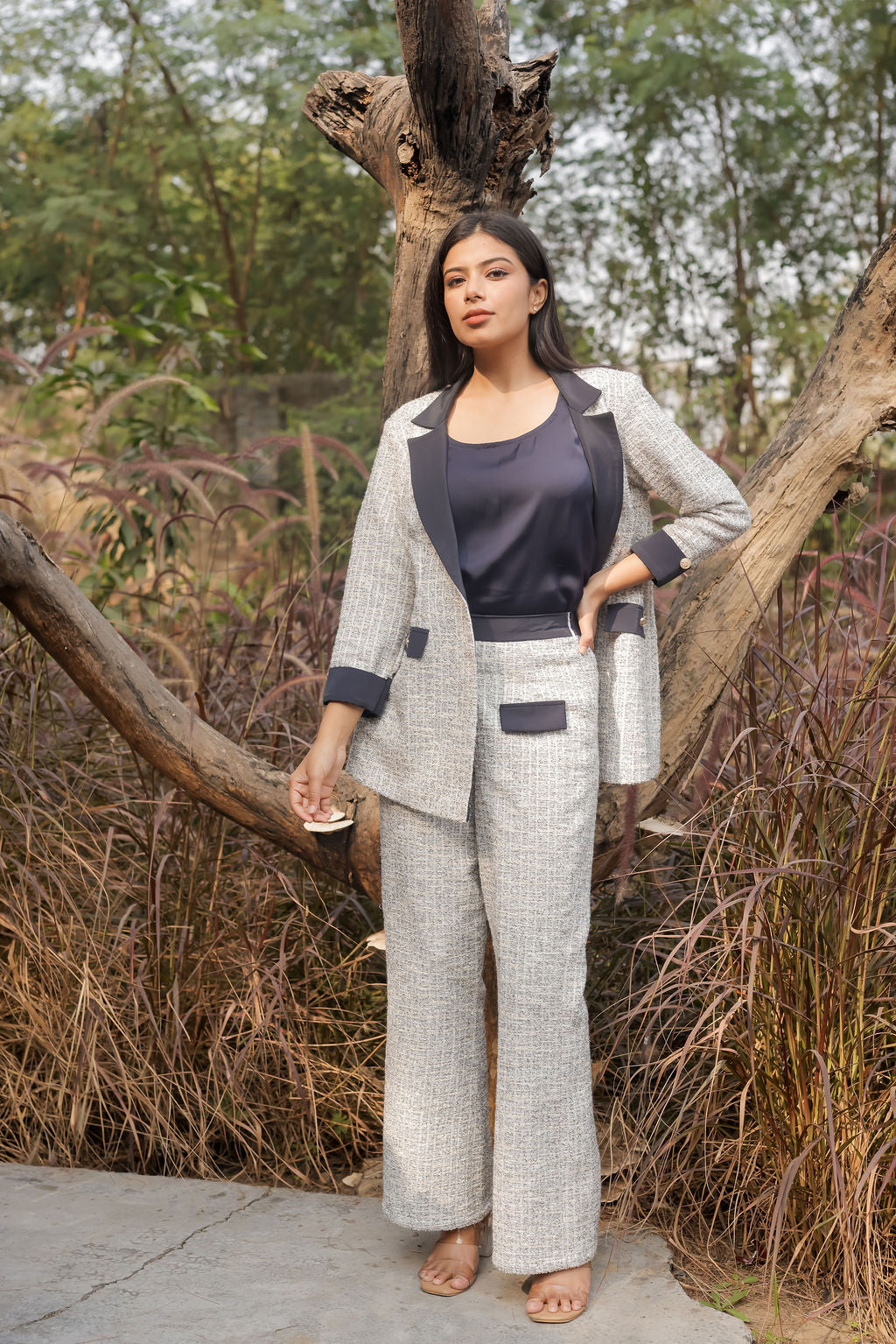 White & Grey Tweed pants with gold buttons detailing ESWPA0025-WHTGB