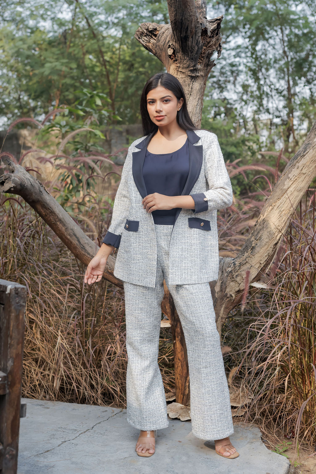 White & Grey Tweed pants with gold buttons detailing ESWPA0025-WHTGB