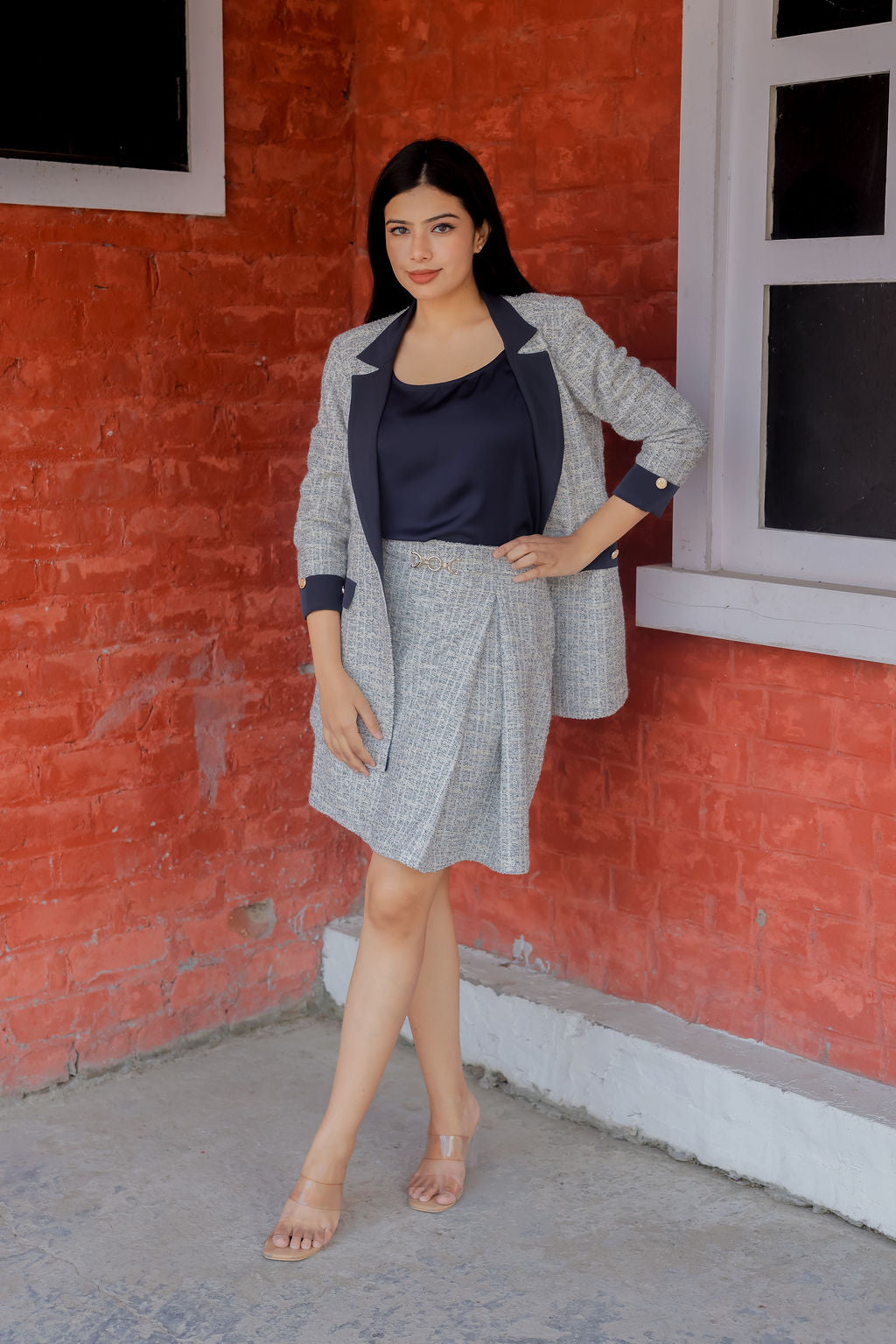 White & Grey Tweed fabric coat & Skirt Co ord set  with blue satin detailing and gold buttons EWCO0033-WHTSK