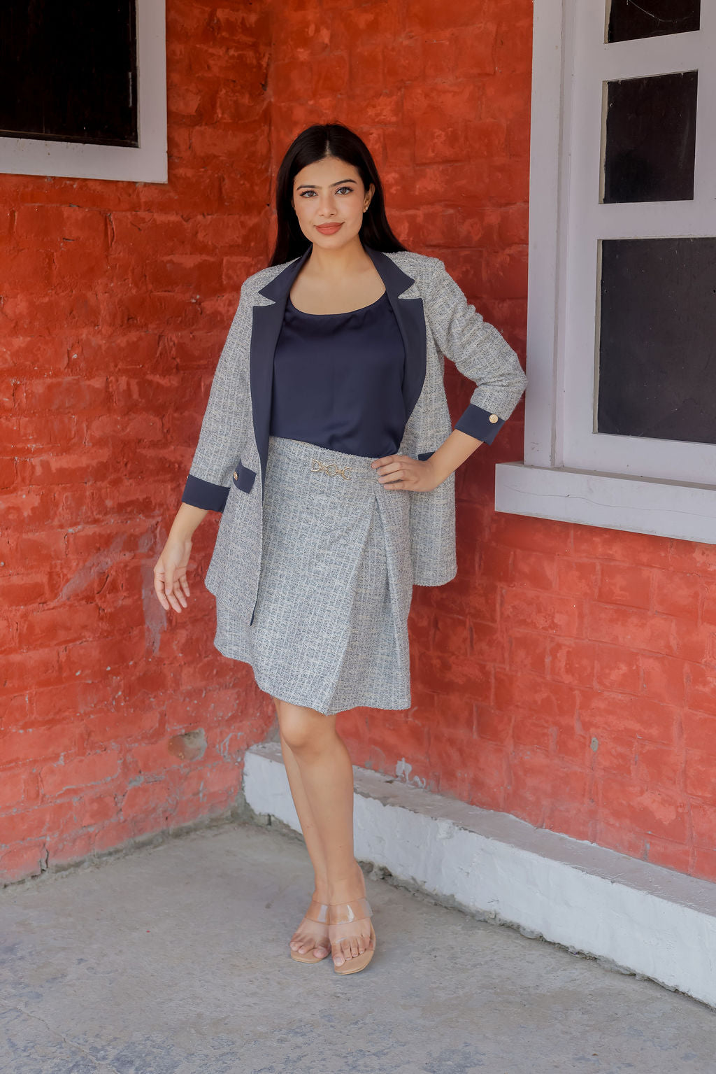 White & Grey Tweed fabric coat & Skirt Co ord set  with blue satin detailing and gold buttons EWCO0033-WHTSK