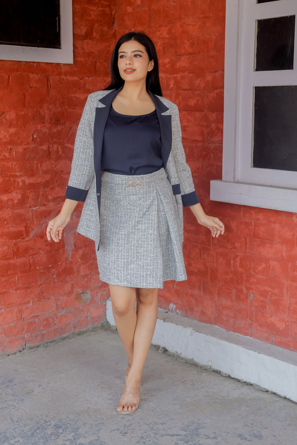 White & Grey Tweed fabric coat & Skirt Co ord set  with blue satin detailing and gold buttons EWCO0033-WHTSK
