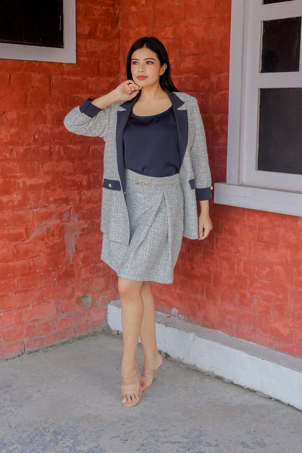 White & Grey tweed short skirt  ESWSK0011-WHTGB