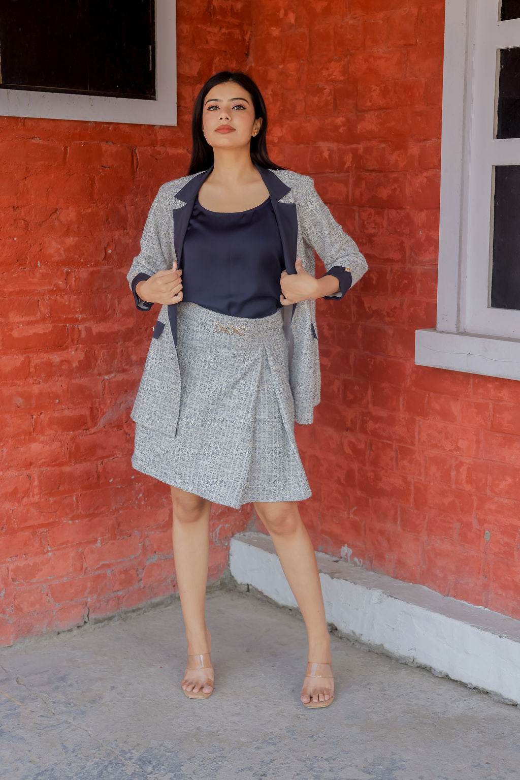 White & Grey Tweed fabric coat & Skirt Co ord set  with blue satin detailing and gold buttons EWCO0033-WHTSK