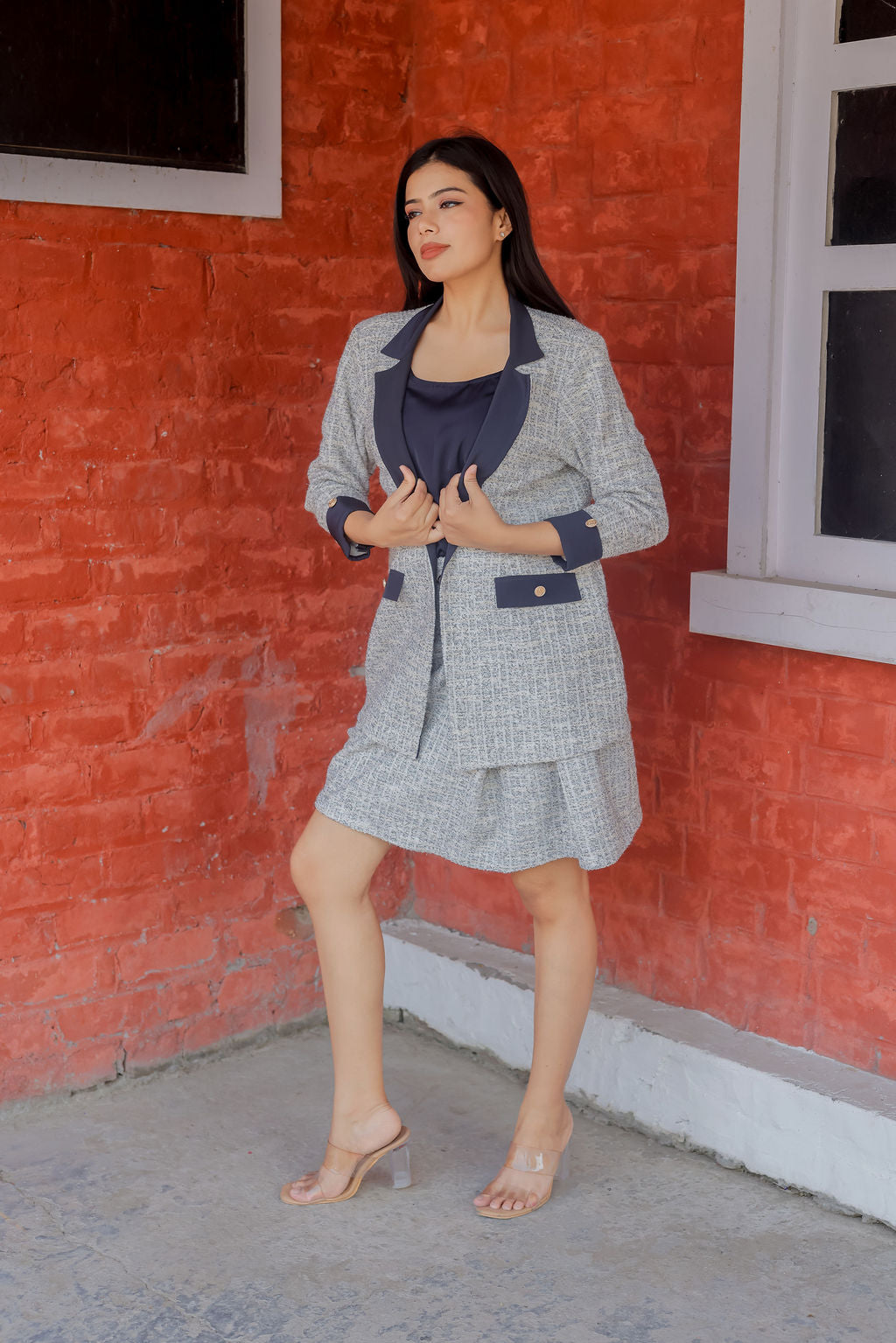 White & Grey Tweed fabric coat & Skirt Co ord set  with blue satin detailing and gold buttons EWCO0033-WHTSK