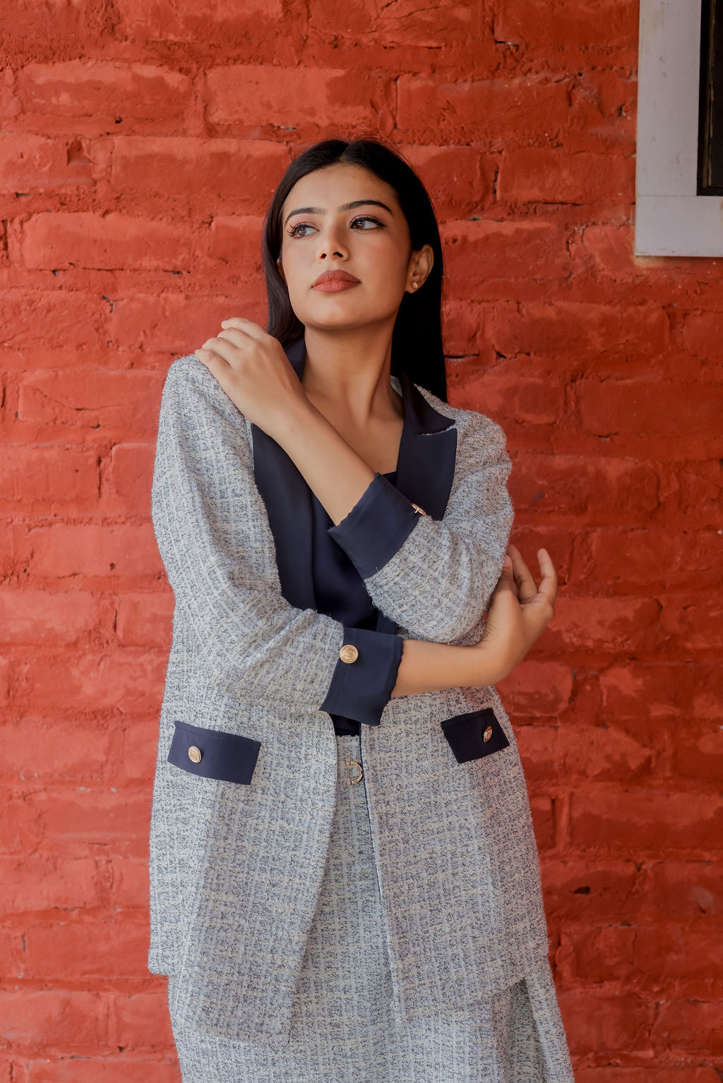 White & Grey Tweed fabric coat & Skirt Co ord set  with blue satin detailing and gold buttons EWCO0033-WHTSK