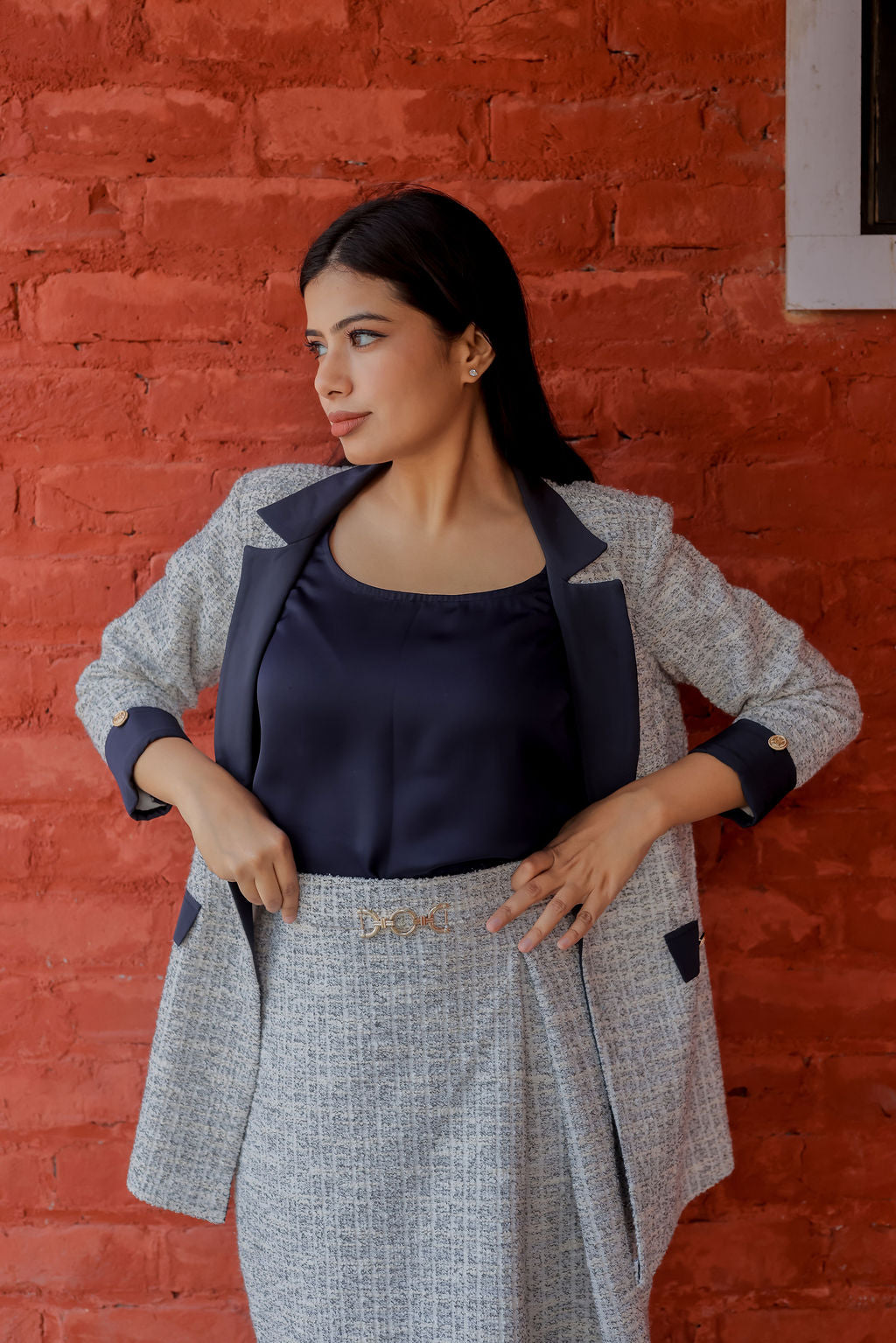 White & Grey tweed short skirt  ESWSK0011-WHTGB