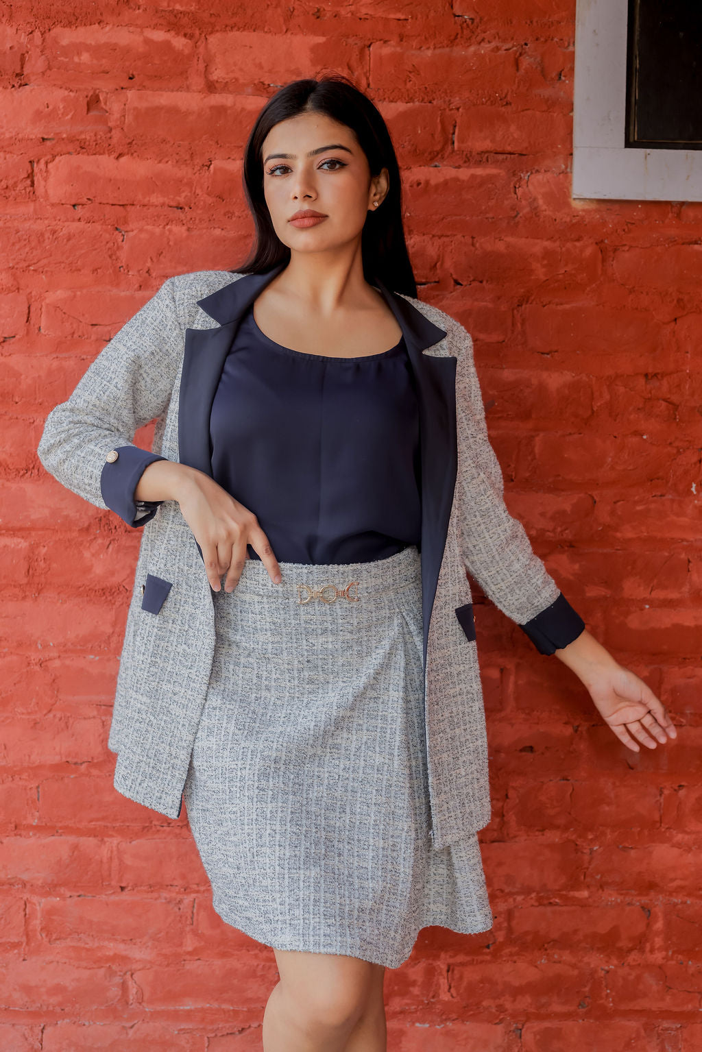 White & Grey tweed short skirt  ESWSK0011-WHTGB
