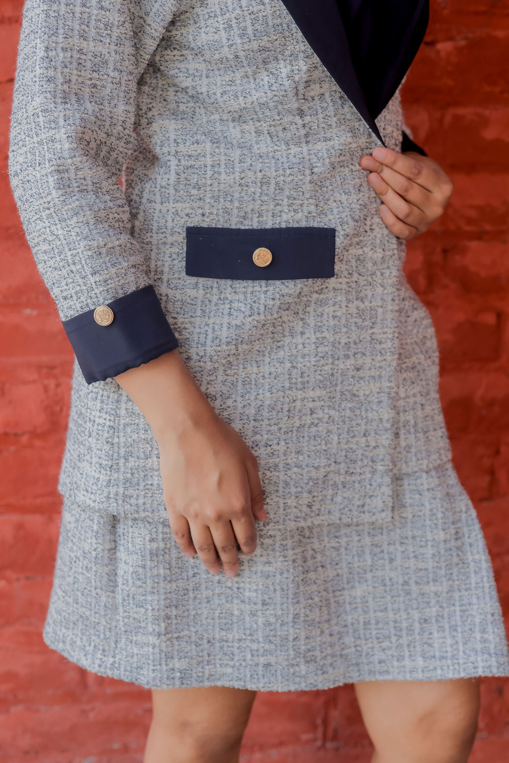 White & Grey Tweed fabric coat & Skirt Co ord set  with blue satin detailing and gold buttons EWCO0033-WHTSK