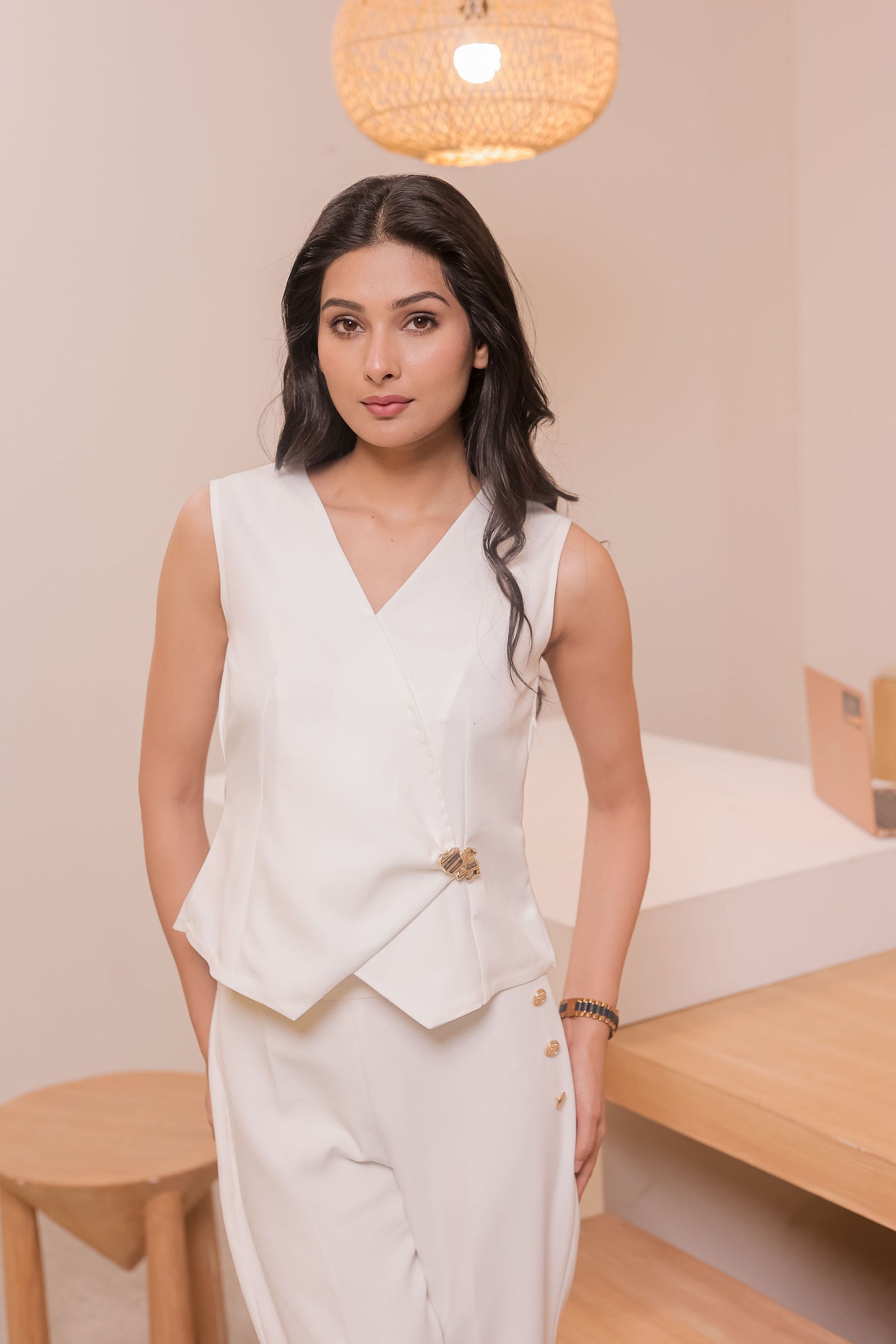 White crepe pants with gold buttons ESWPA0013-WHTGB