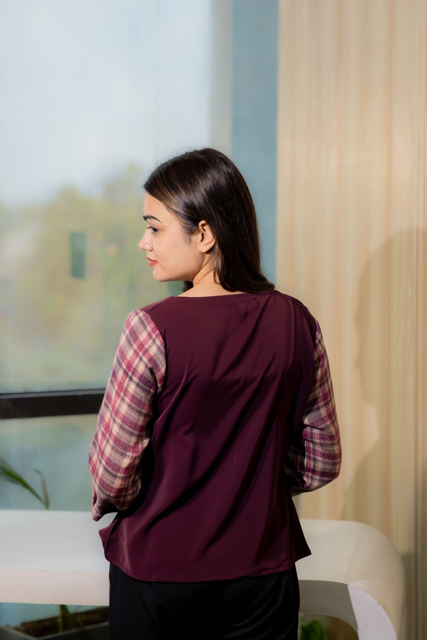 Wine cowl neck top with checkered sleeves EWTP0083-WINCK