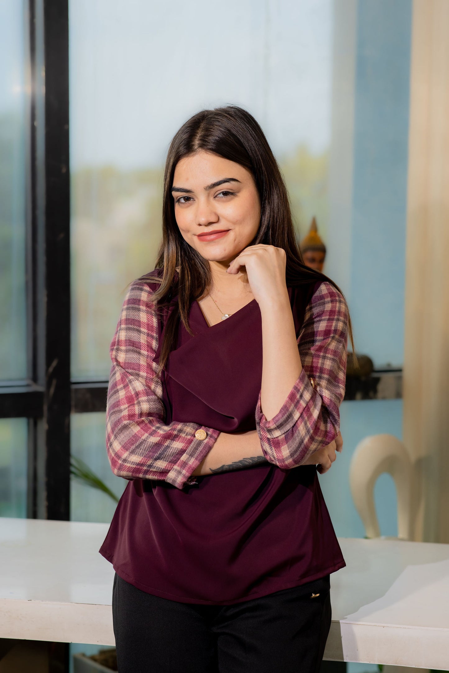 Wine cowl neck top with checkered sleeves EWTP0083-WINCK