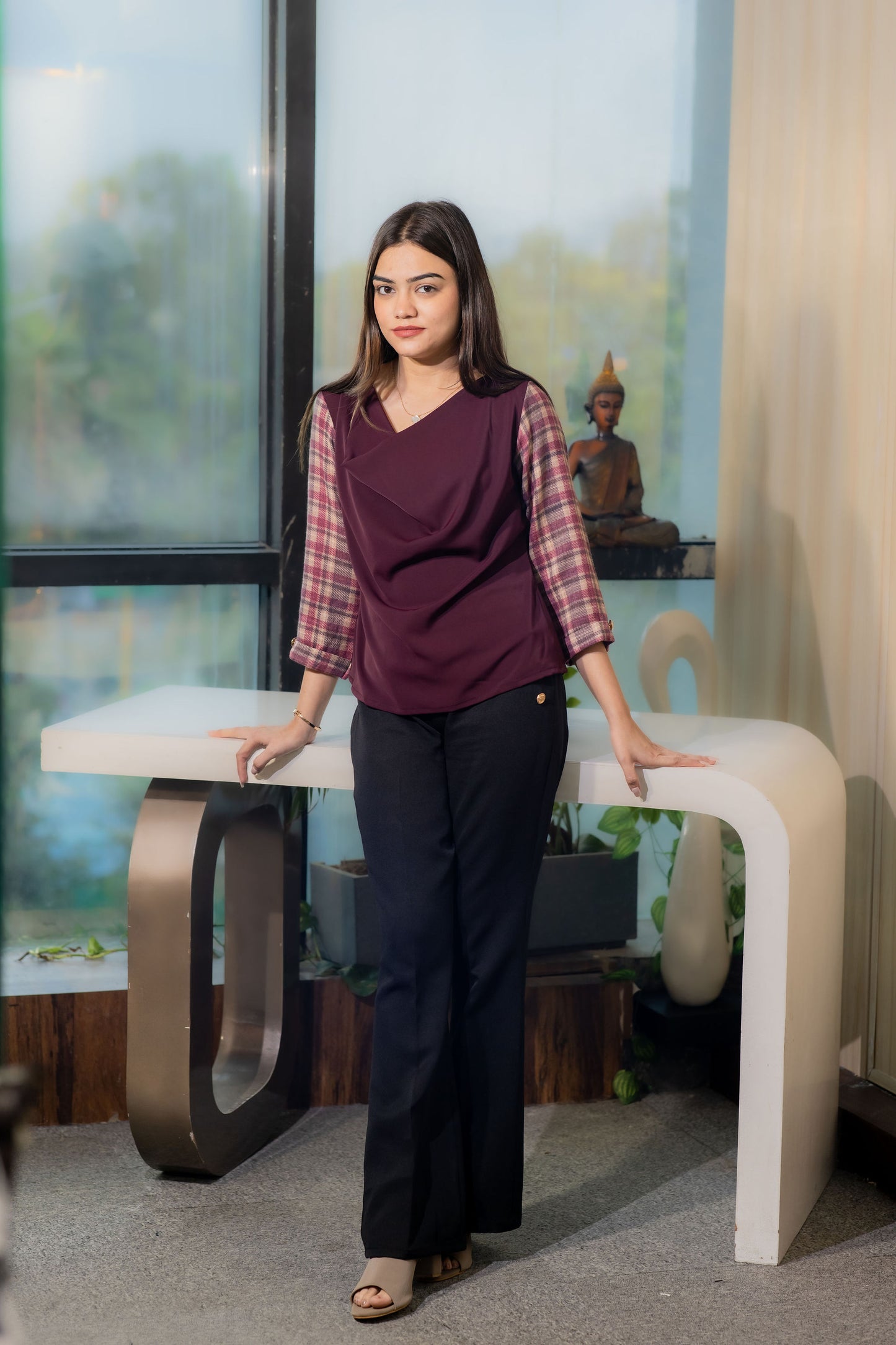Wine cowl neck top with checkered sleeves EWTP0083-WINCK