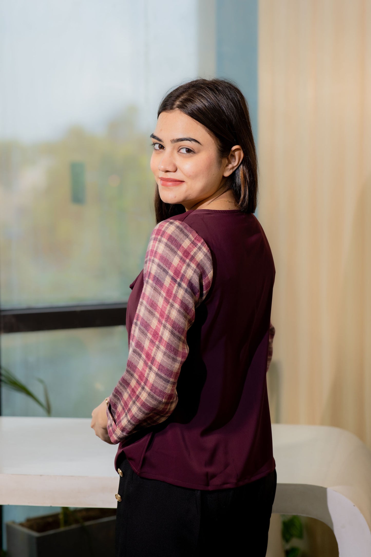 Wine cowl neck top with checkered sleeves EWTP0083-WINCK