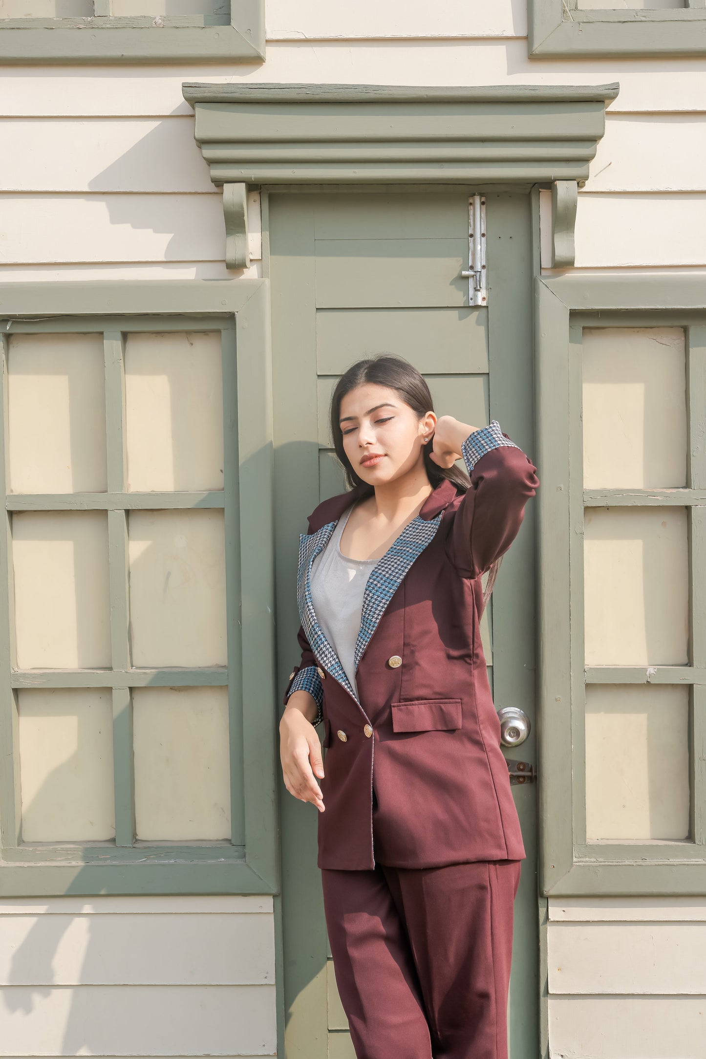 Wine crepe coat with houndstooth print detailing and gold buttons EWCT0001-BRNGB