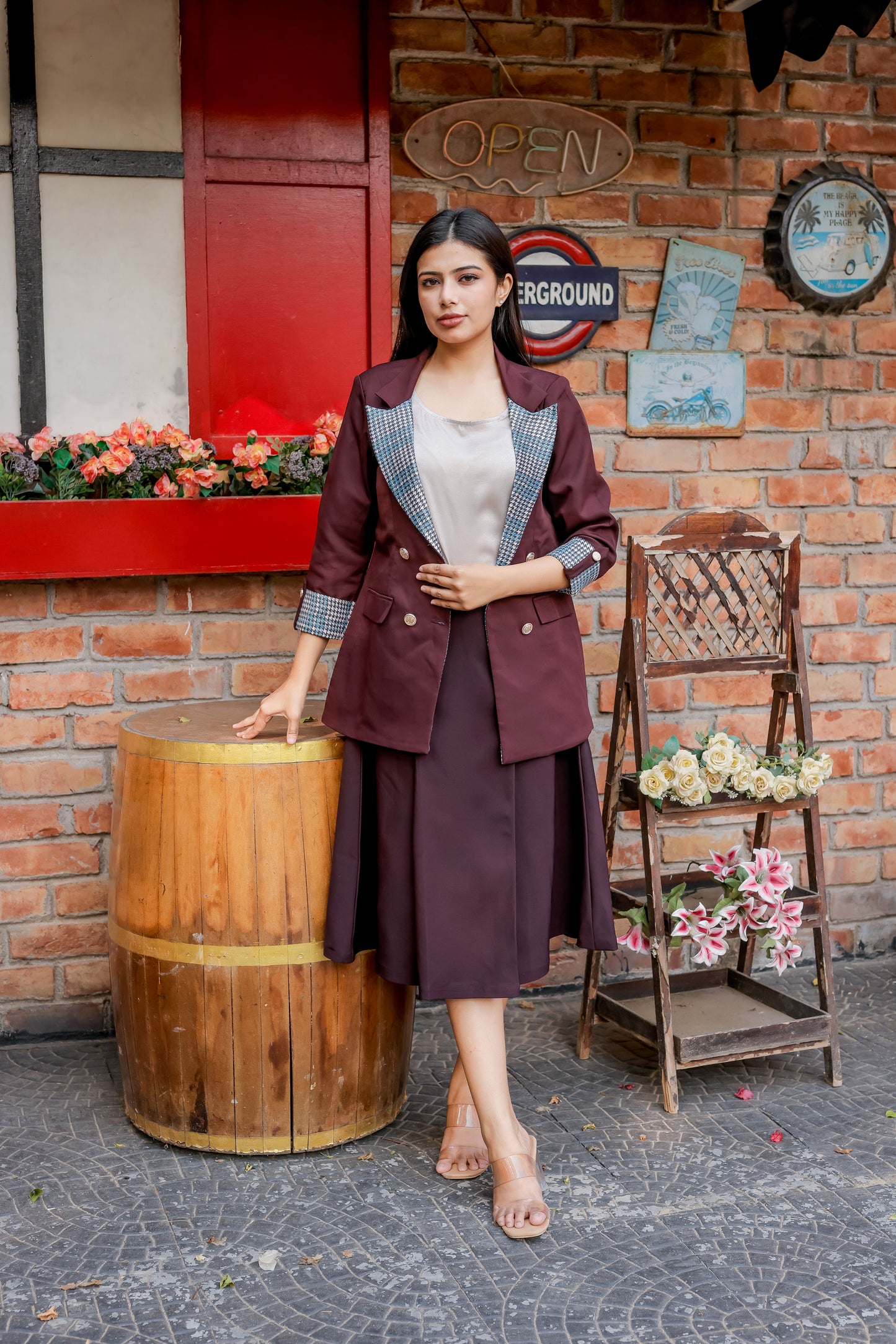Wine crepe coat with houndstooth print detailing and gold buttons EWCT0001-BRNGB