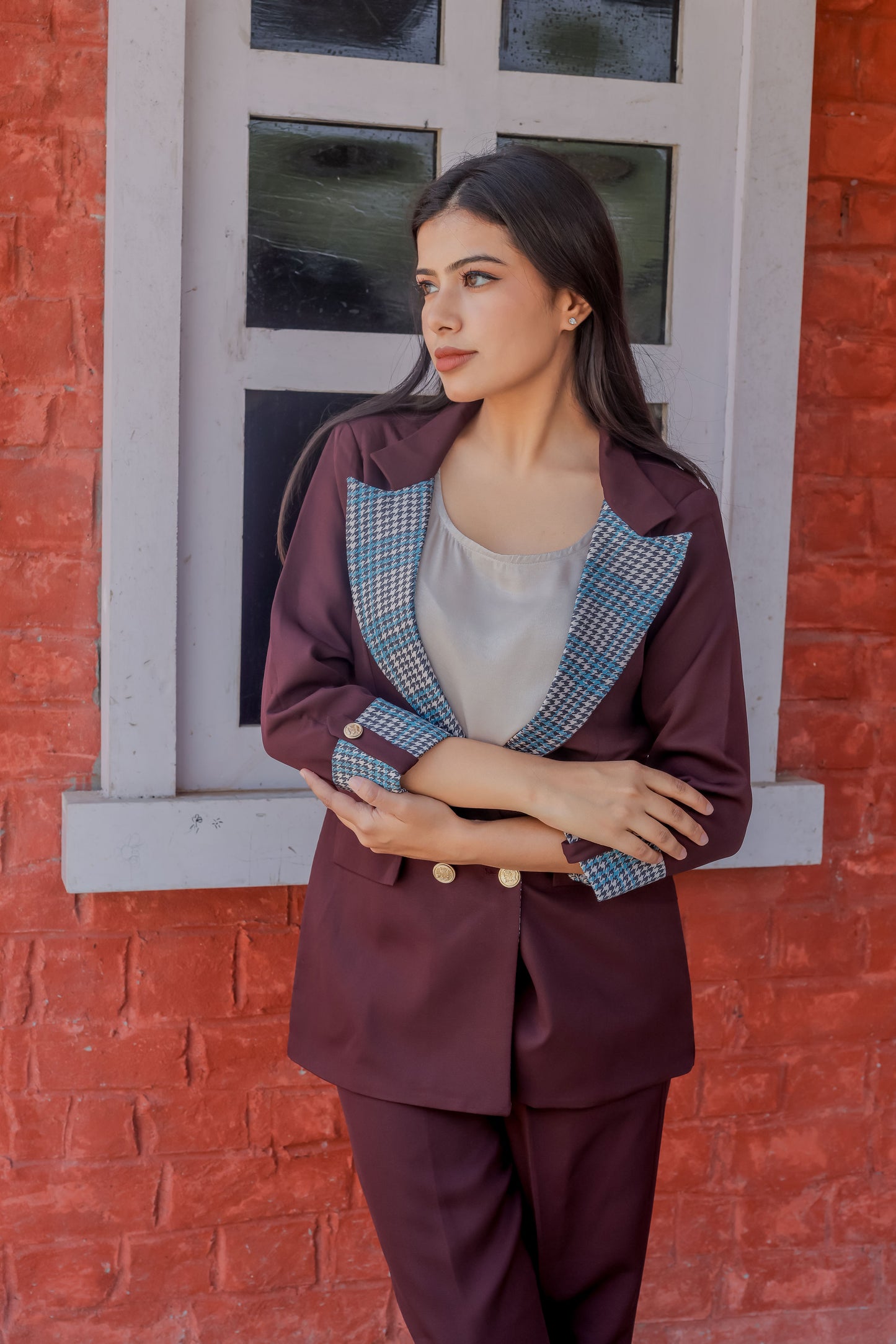 Wine crepe coat & Pants Co ord set with houndstooth print detailing and gold buttons EWCO0026-BRNPT