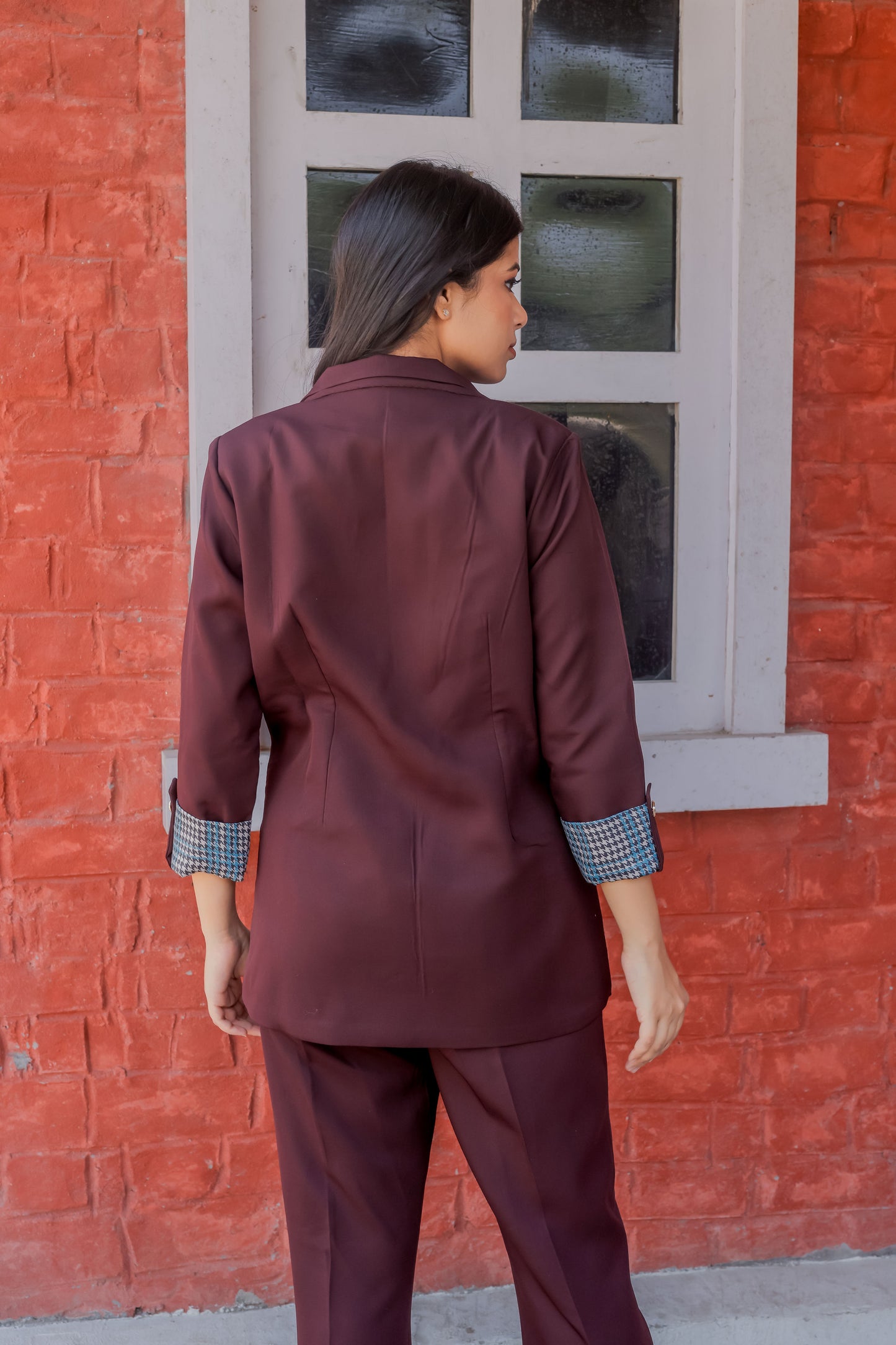 Wine crepe coat & Pants Co ord set with houndstooth print detailing and gold buttons EWCO0026-BRNPT