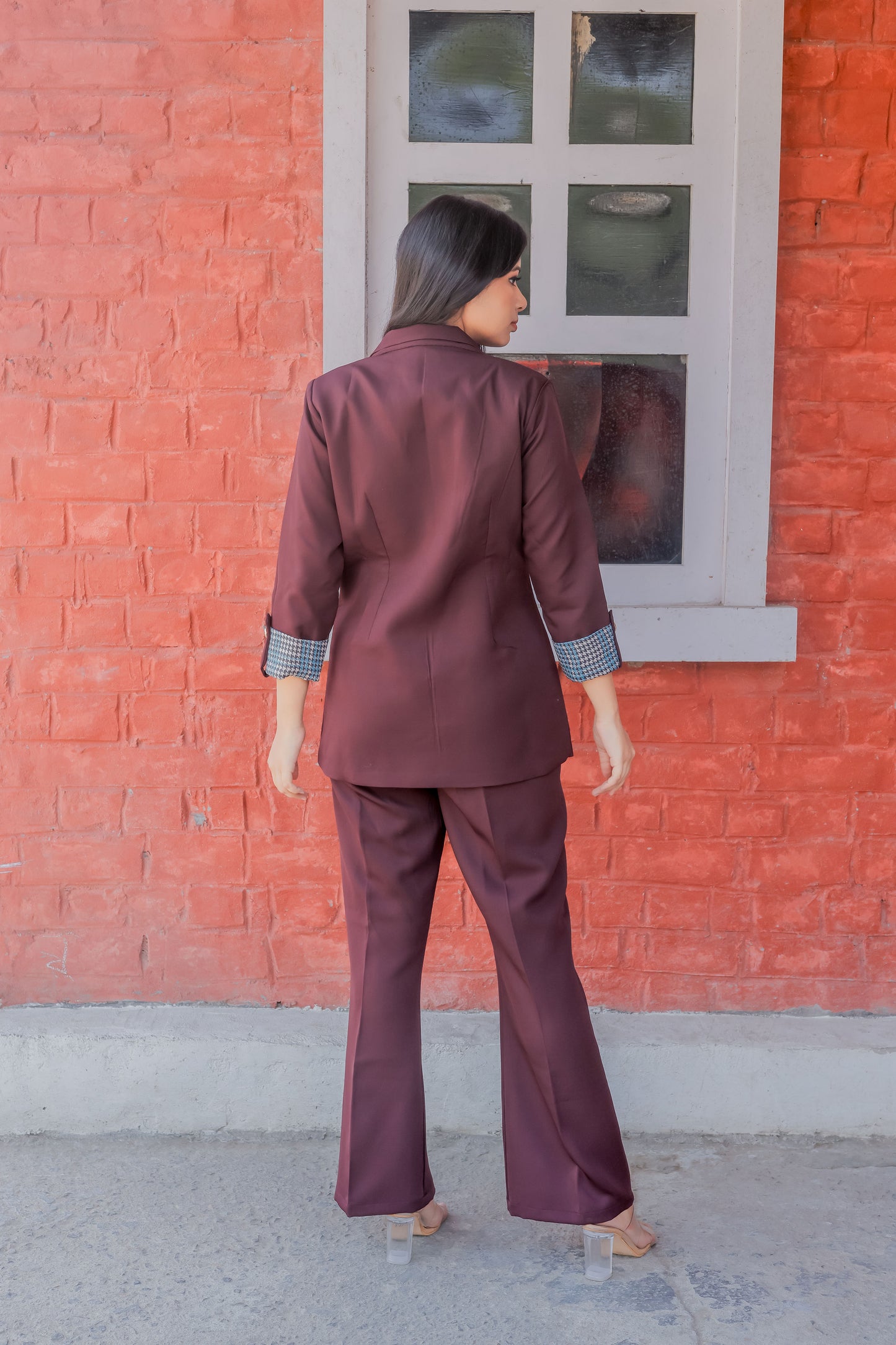 Wine crepe coat with houndstooth print detailing and gold buttons EWCT0001-BRNGB