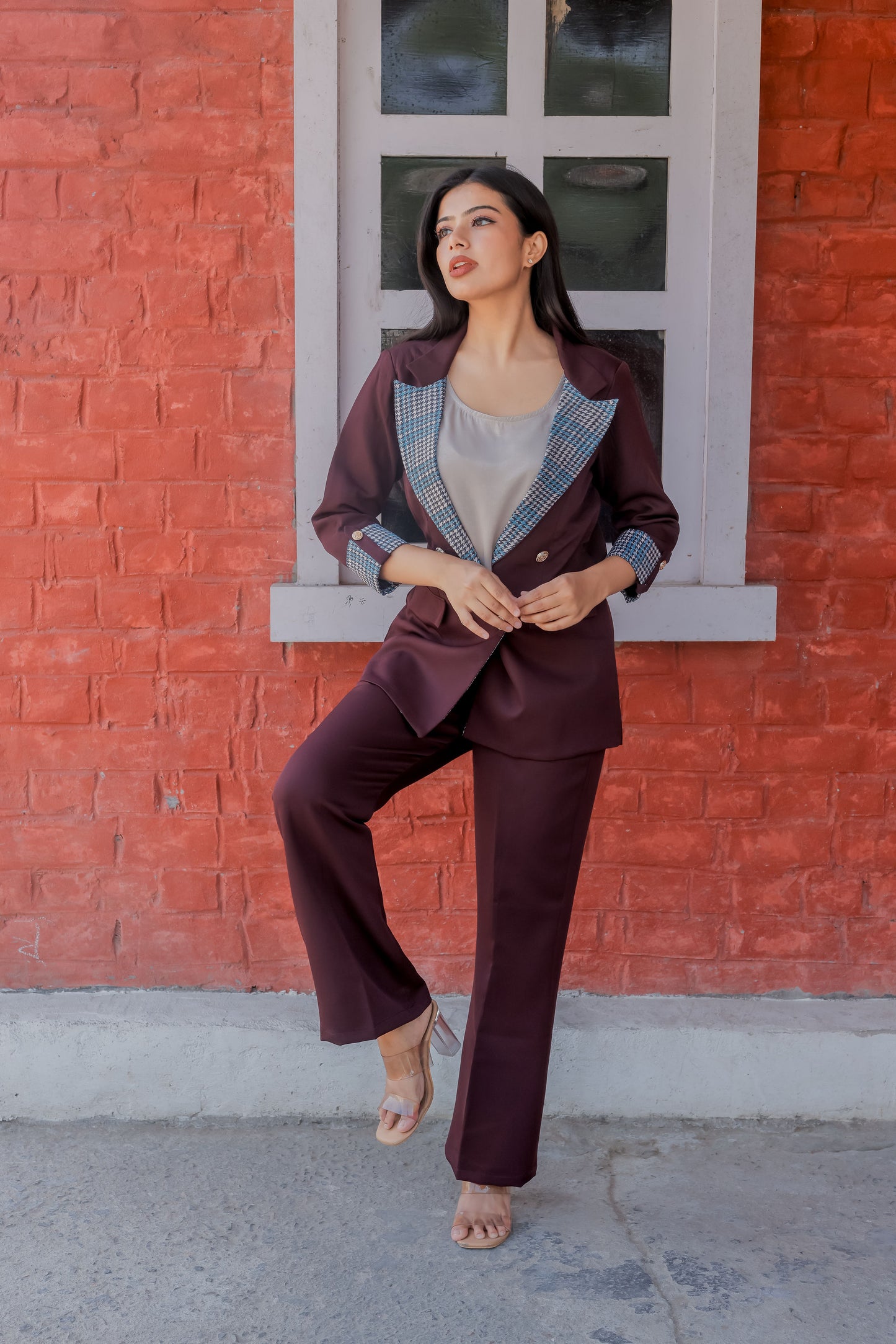 Wine crepe coat & Pants Co ord set with houndstooth print detailing and gold buttons EWCO0026-BRNPT