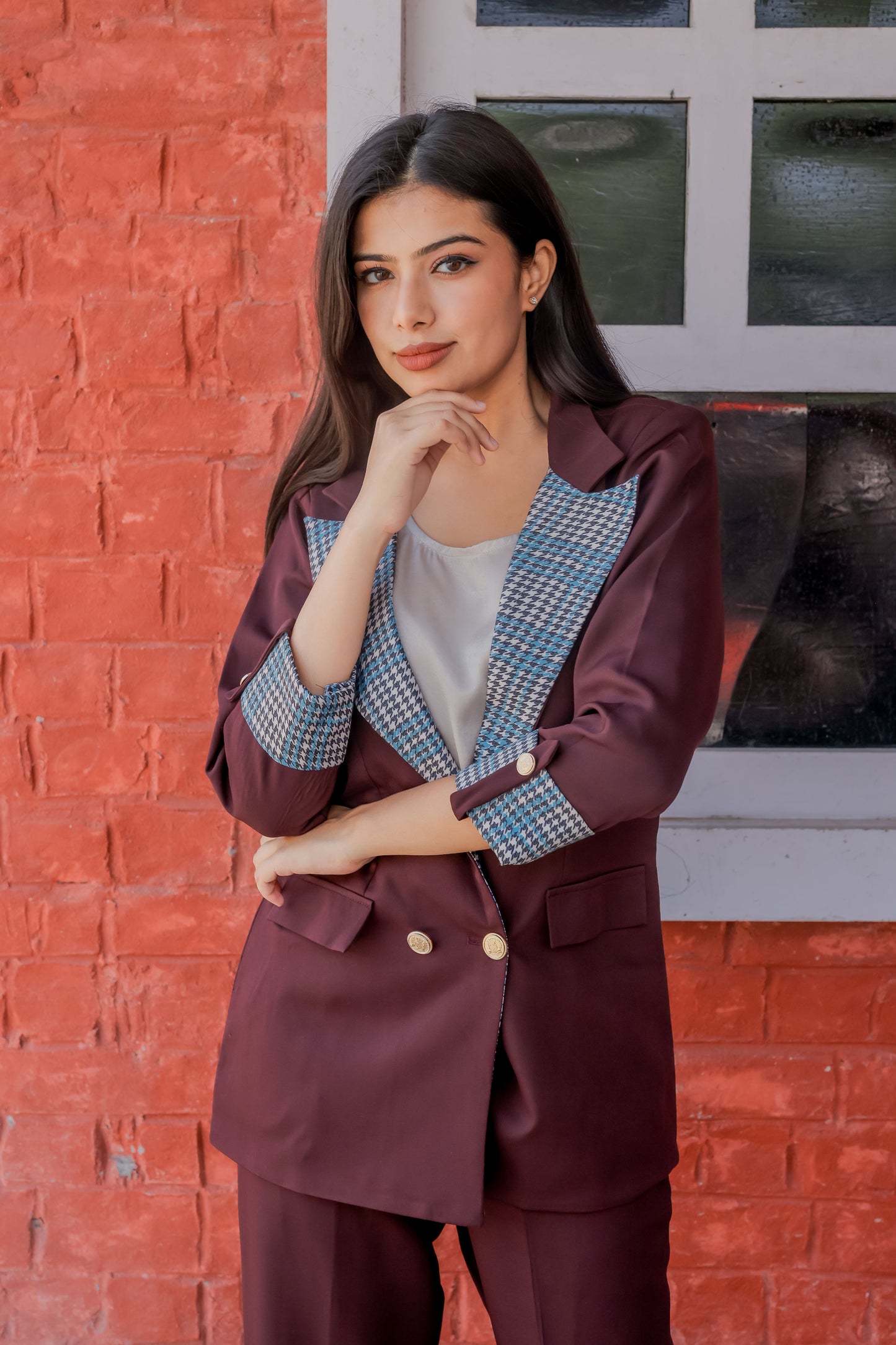 Wine crepe coat with houndstooth print detailing and gold buttons EWCT0001-BRNGB