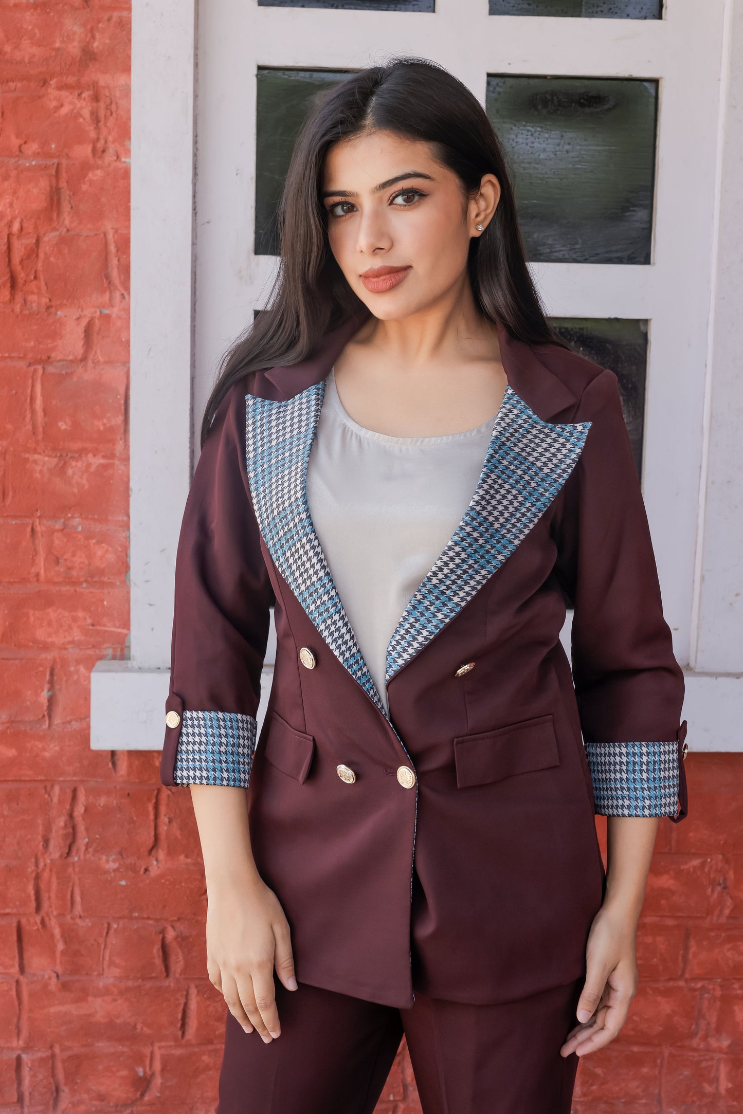 Wine crepe coat with houndstooth print detailing and gold buttons EWCT0001-BRNGB