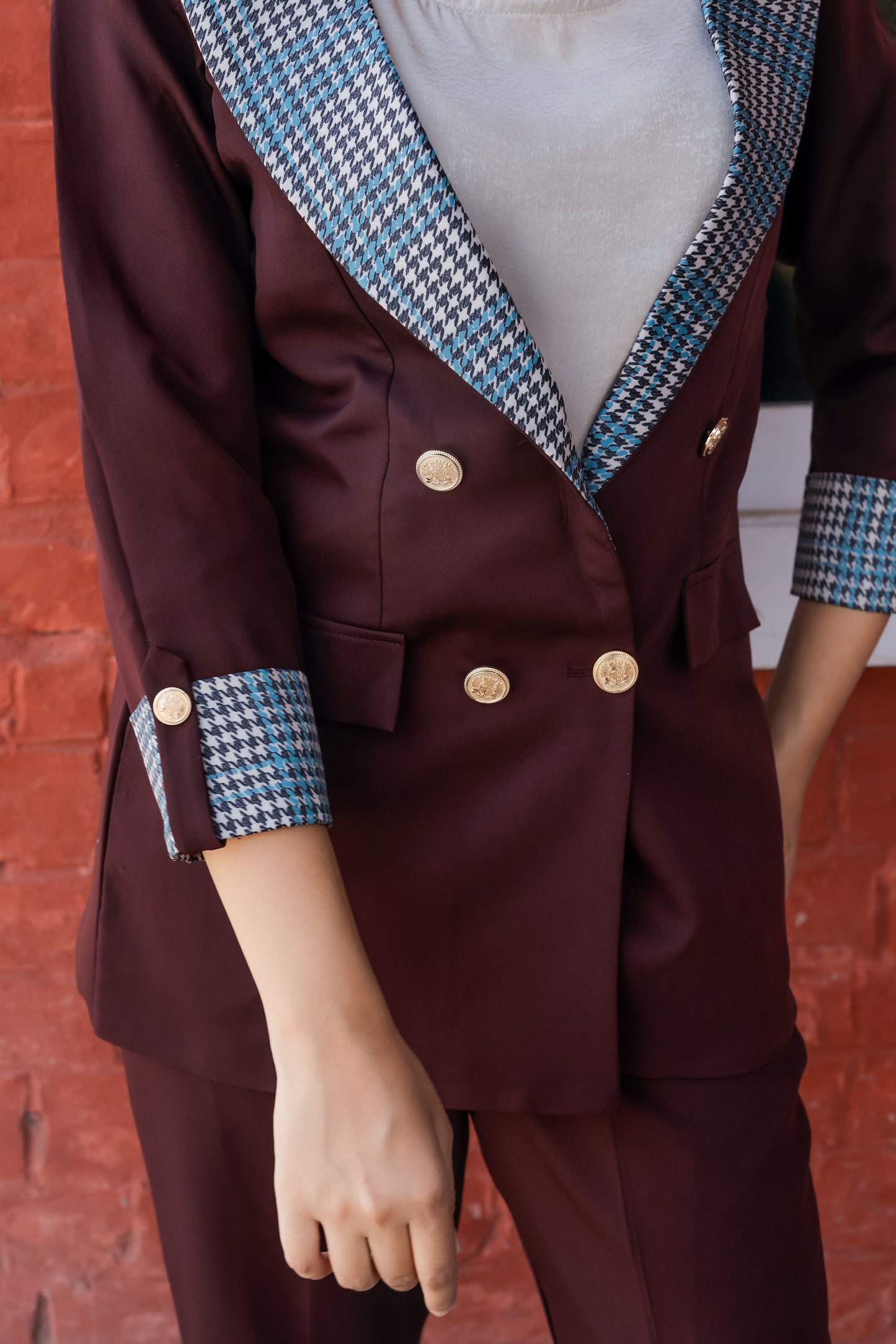 Wine crepe coat with houndstooth print detailing and gold buttons EWCT0001-BRNGB