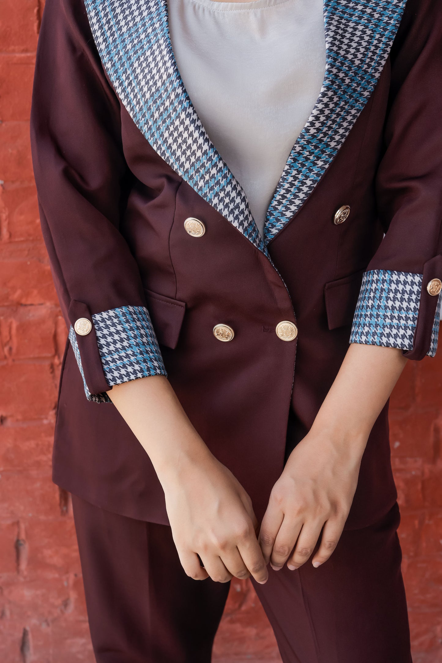 Wine crepe coat with houndstooth print detailing and gold buttons EWCT0001-BRNGB