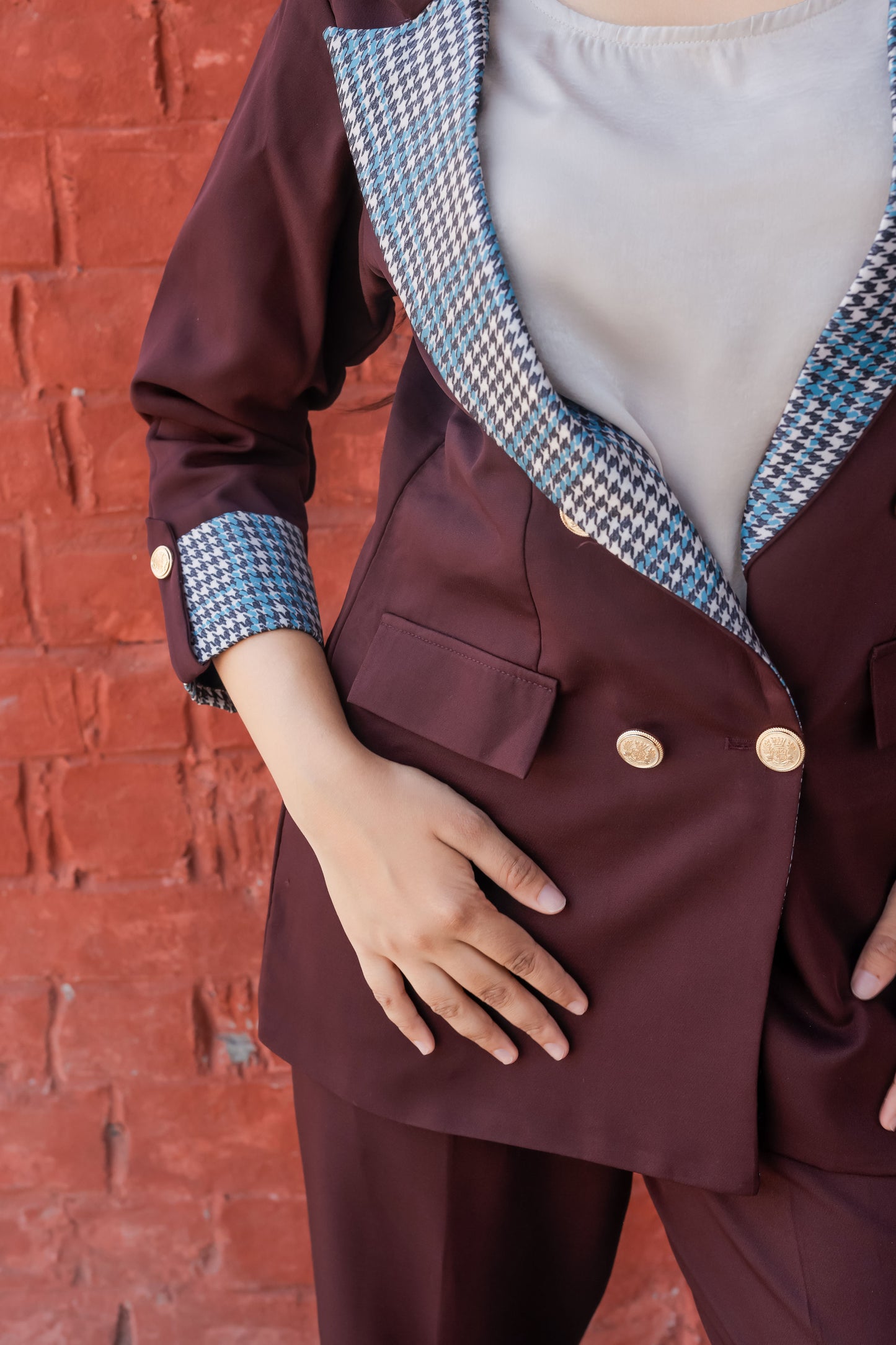 Wine crepe coat with houndstooth print detailing and gold buttons EWCT0001-BRNGB
