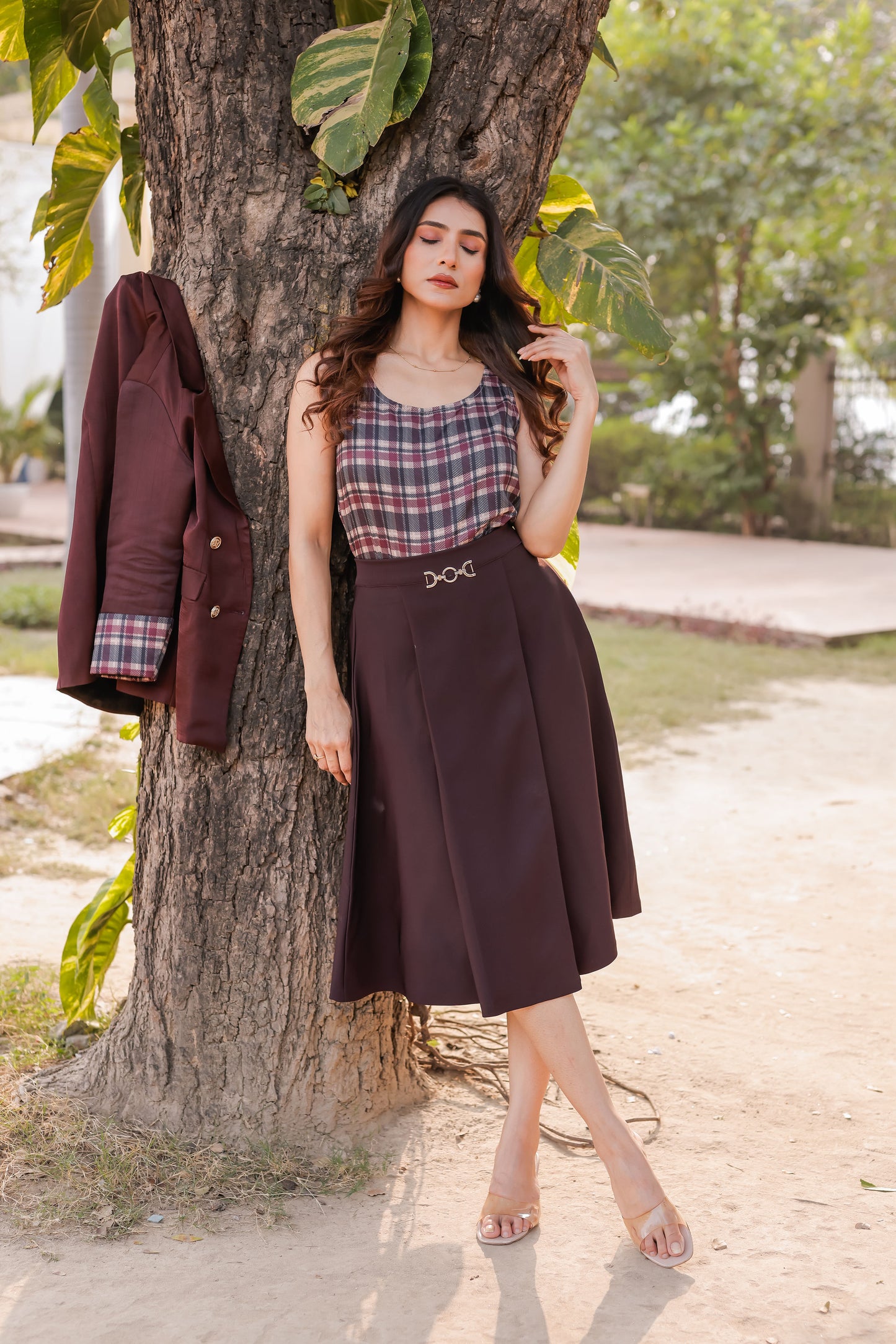 Wine crepe long skirt ESWSK0001-WINGB
