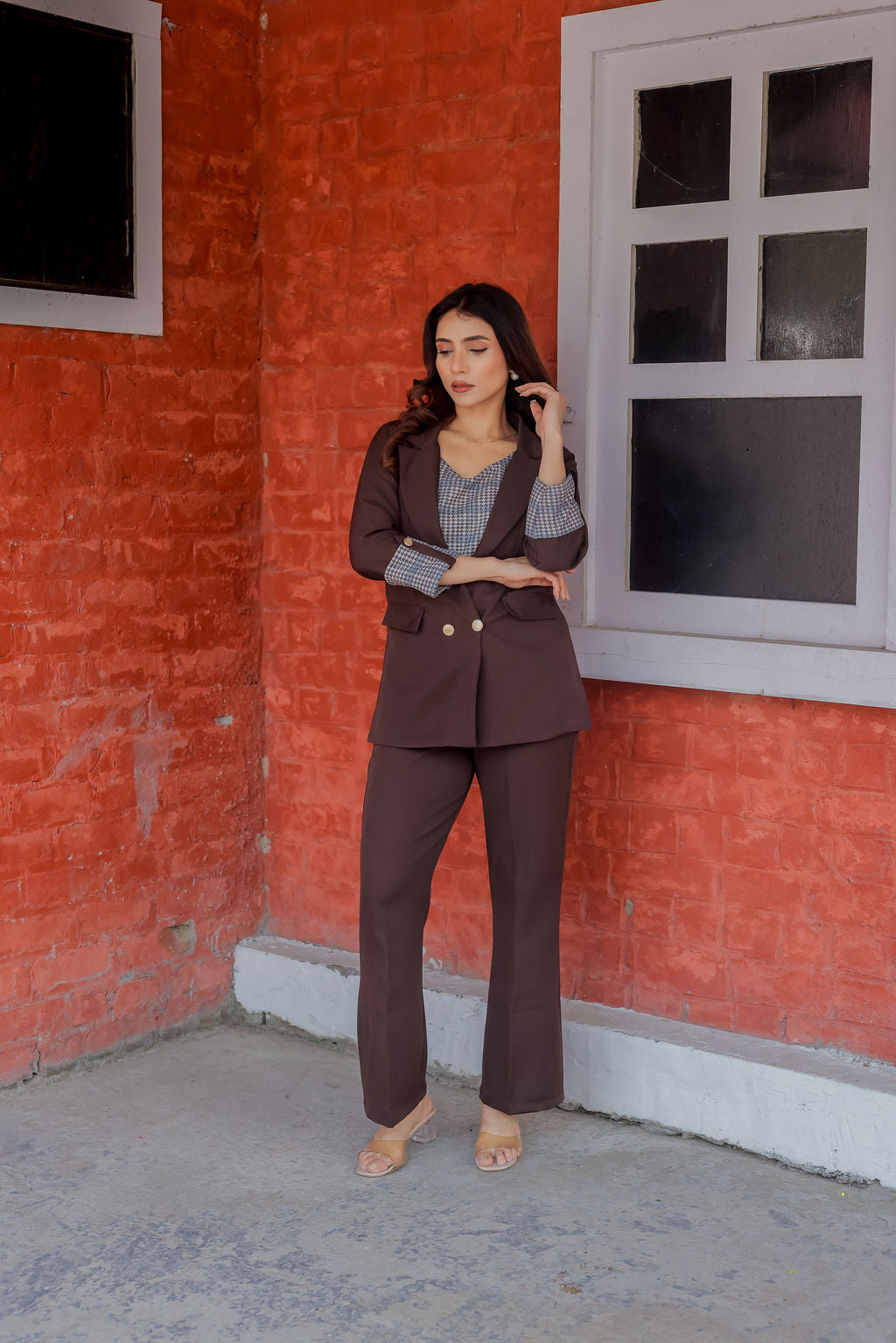 Brown crepe pants with gold buttons detailing ESWPA0018-BRNGB