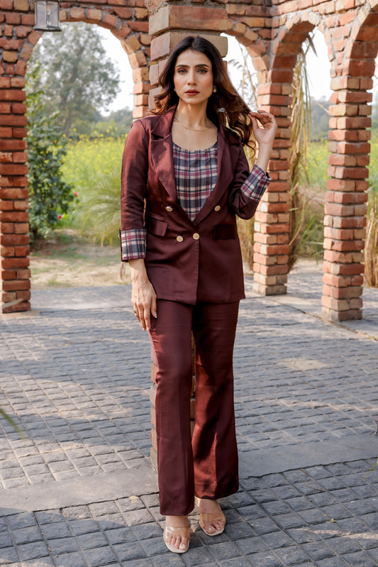 Wine linen satin premium coat & Pants Co ord set  with check detailing cuffs with gold buttons EWCO0032-WINPT
