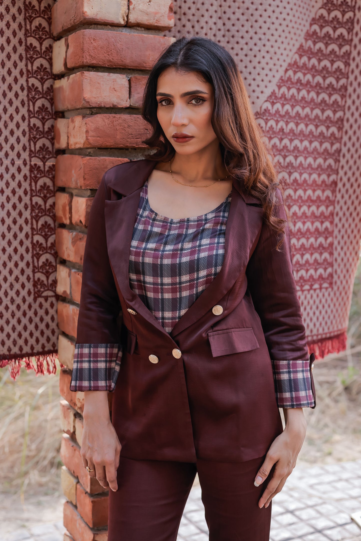 Wine linen satin premium coat with check detailing cuffs with gold buttons EWCT0007-WINGB