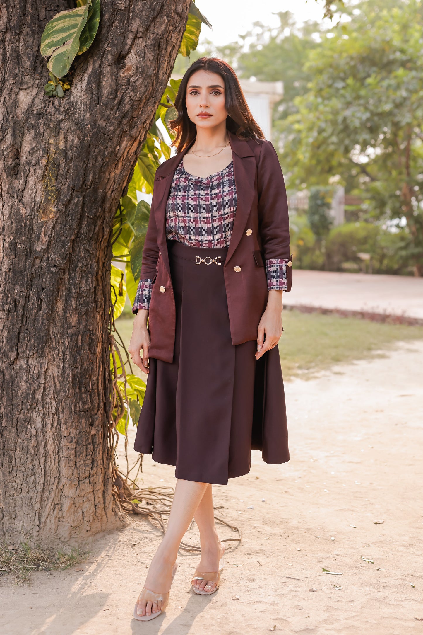 Wine linen satin premium coat with check detailing cuffs with gold buttons EWCT0007-WINGB